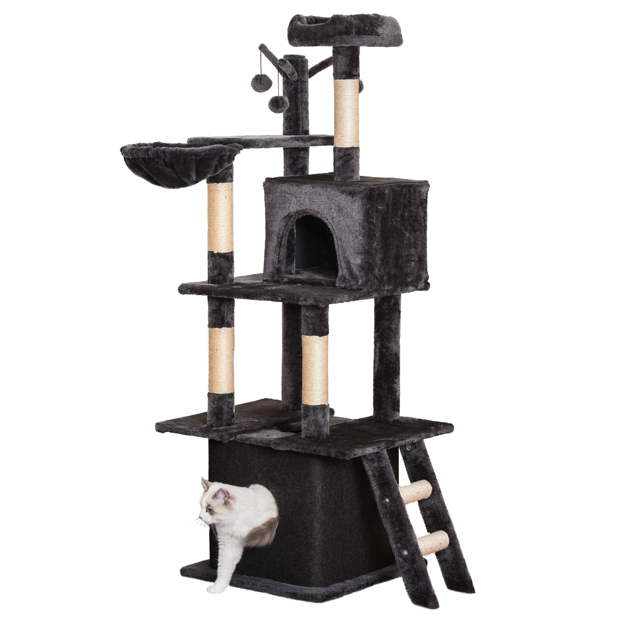 PawHut Cat Tree Tower for Indoor Cats 150cm Climbing Kitten Activity Center with Sisal Scratching Post Perch Hanging Ball Toy Hammock Ladder Double Condo Dark Grey