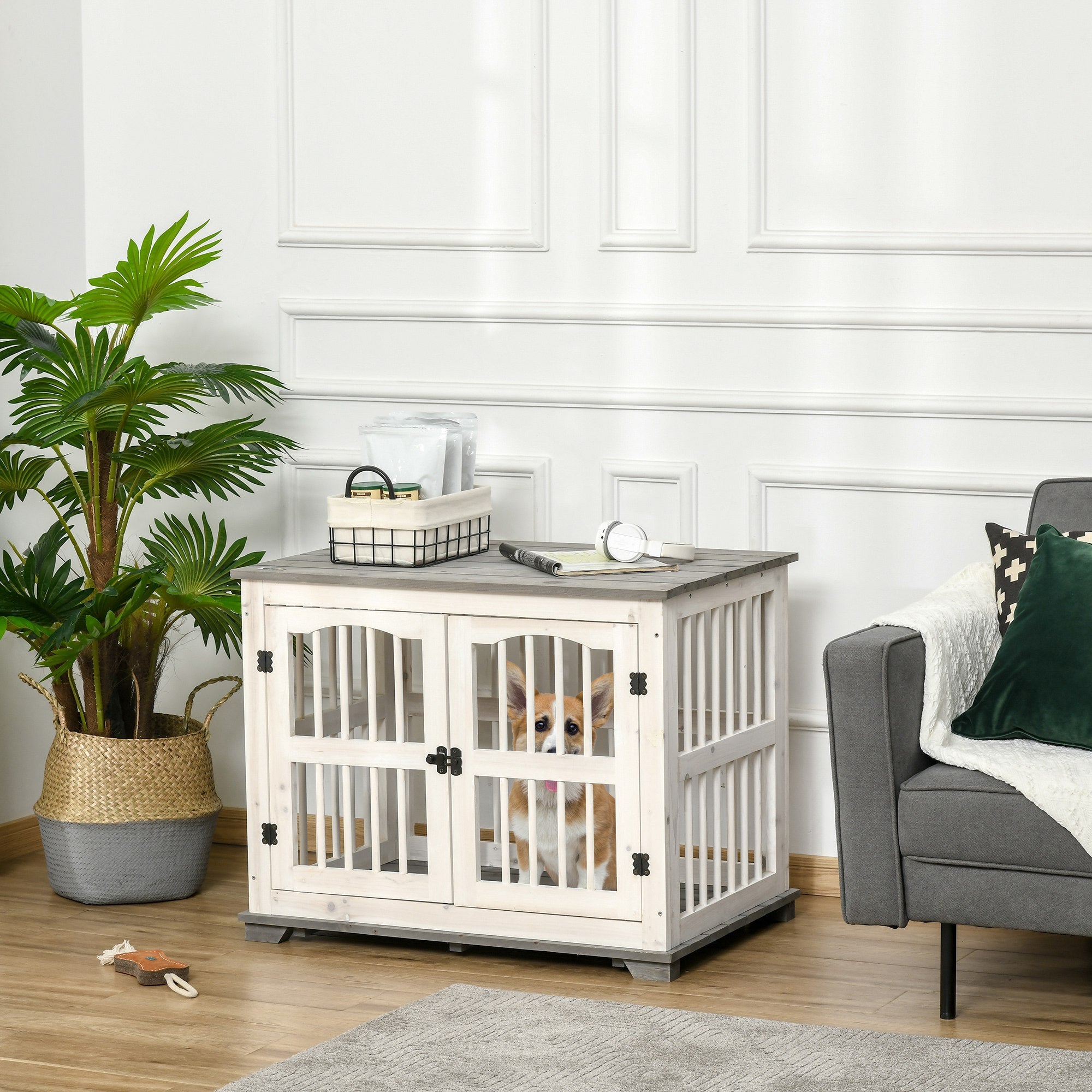 PawHut Wooden Dog Crate Furniture Pet Kennel Cage End Table for Small Medium Dogs, Indoor, White, 85.5 x 59.5 x 68 cm