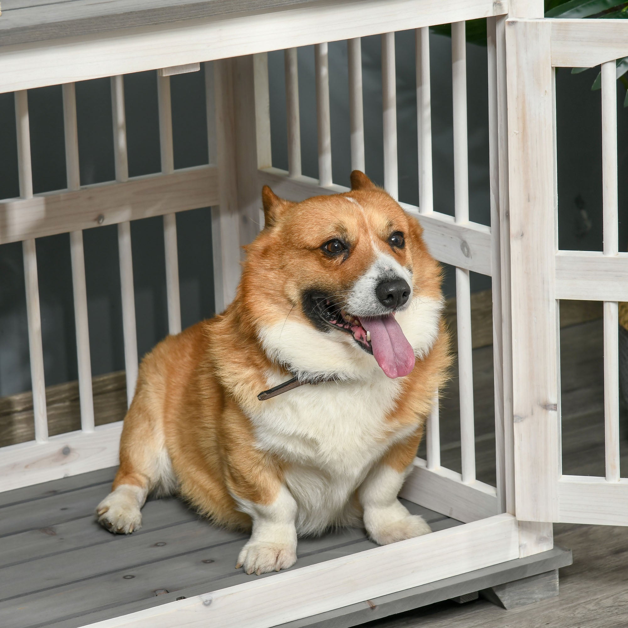 PawHut Wooden Dog Crate Furniture Pet Kennel Cage End Table for Small Medium Dogs, Indoor, White, 85.5 x 59.5 x 68 cm