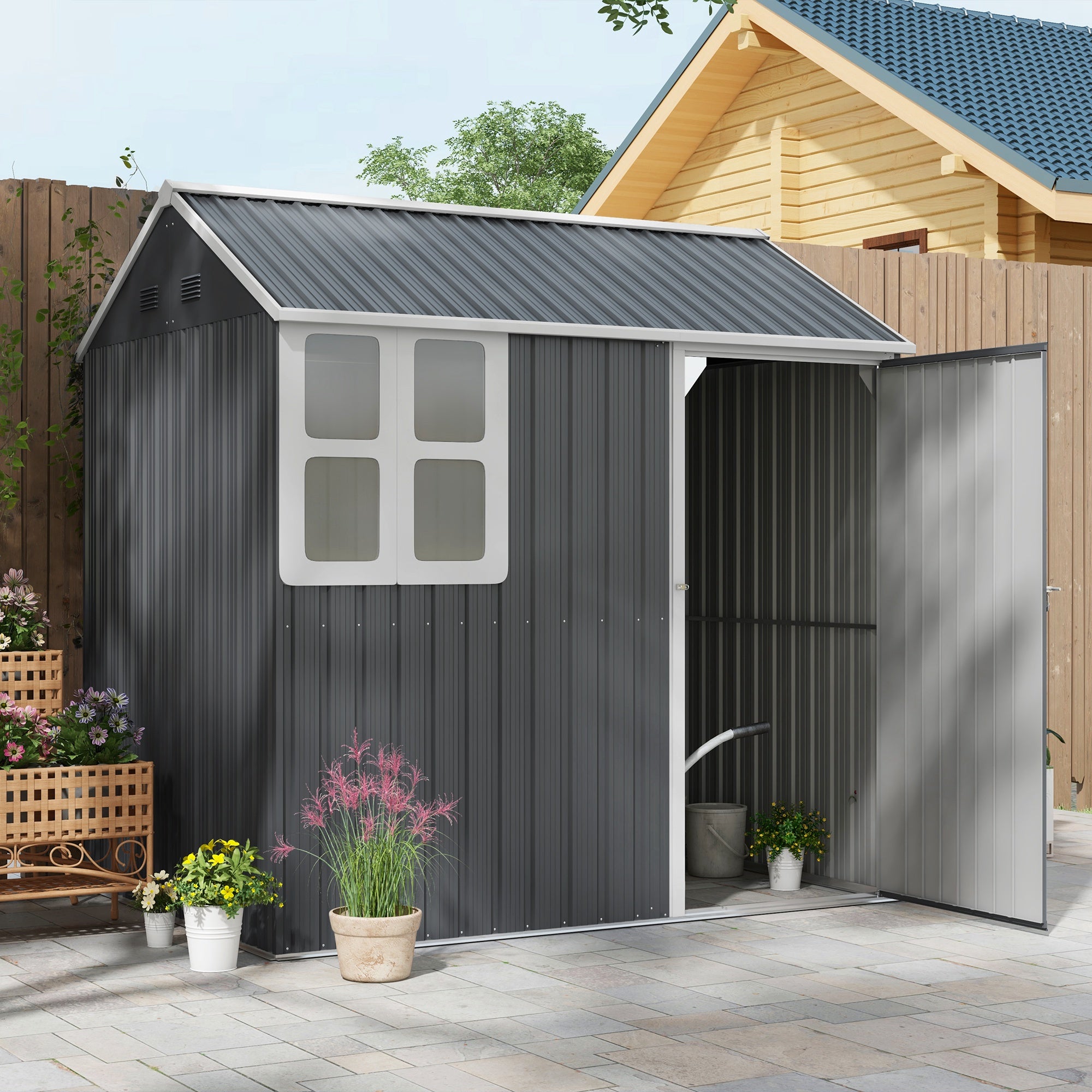 Outsunny 7' x 5.5' Outdoor Storage Shed, Metal Garden Shed Storage House with Window, Lockable Door, Vents, for Backyard, Patio, Lawn, Dark Grey