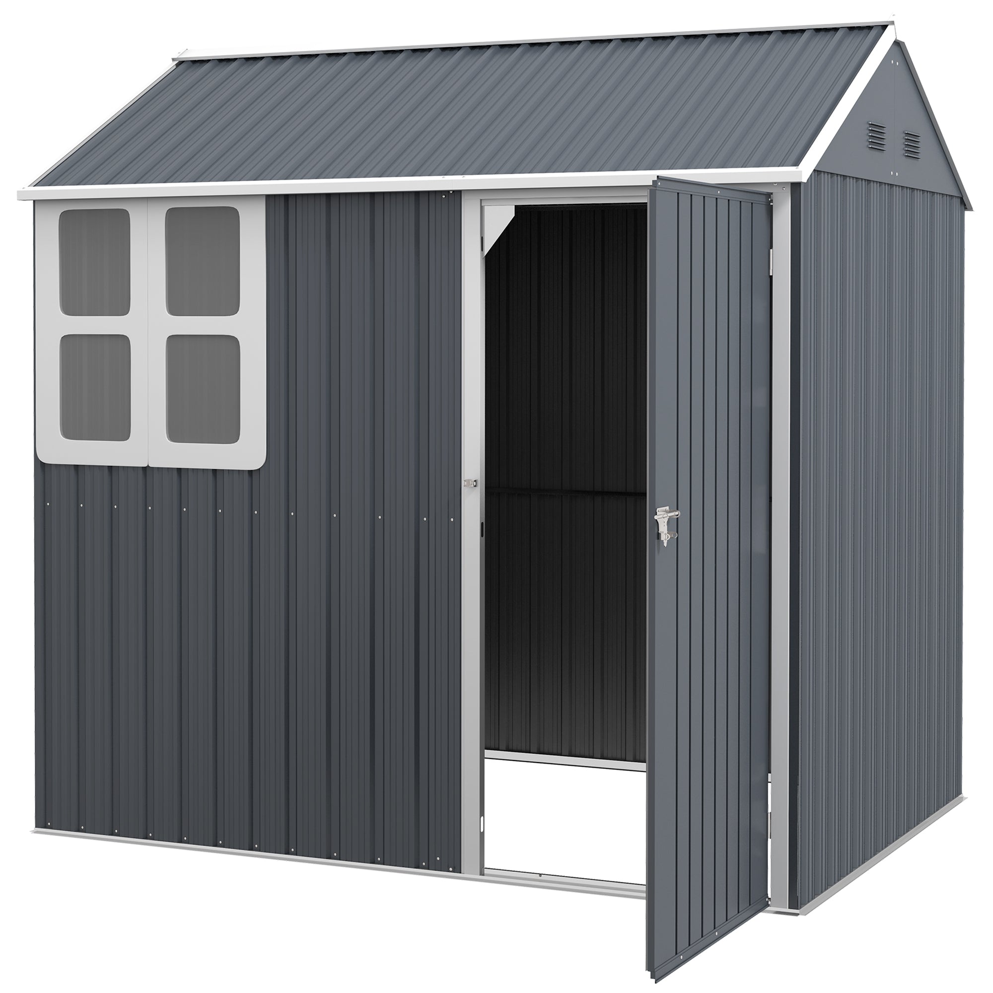 Outsunny 7' x 5.5' Outdoor Storage Shed, Metal Garden Shed Storage House with Window, Lockable Door, Vents, for Backyard, Patio, Lawn, Dark Grey