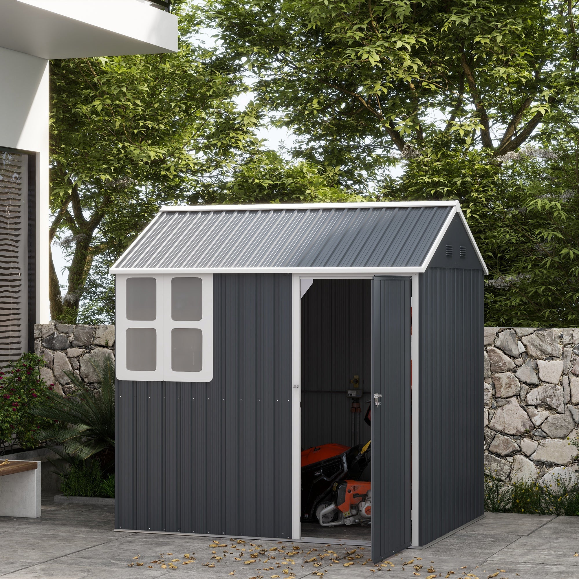 Outsunny 7' x 5.5' Outdoor Storage Shed, Metal Garden Shed Storage House with Window, Lockable Door, Vents, for Backyard, Patio, Lawn, Dark Grey