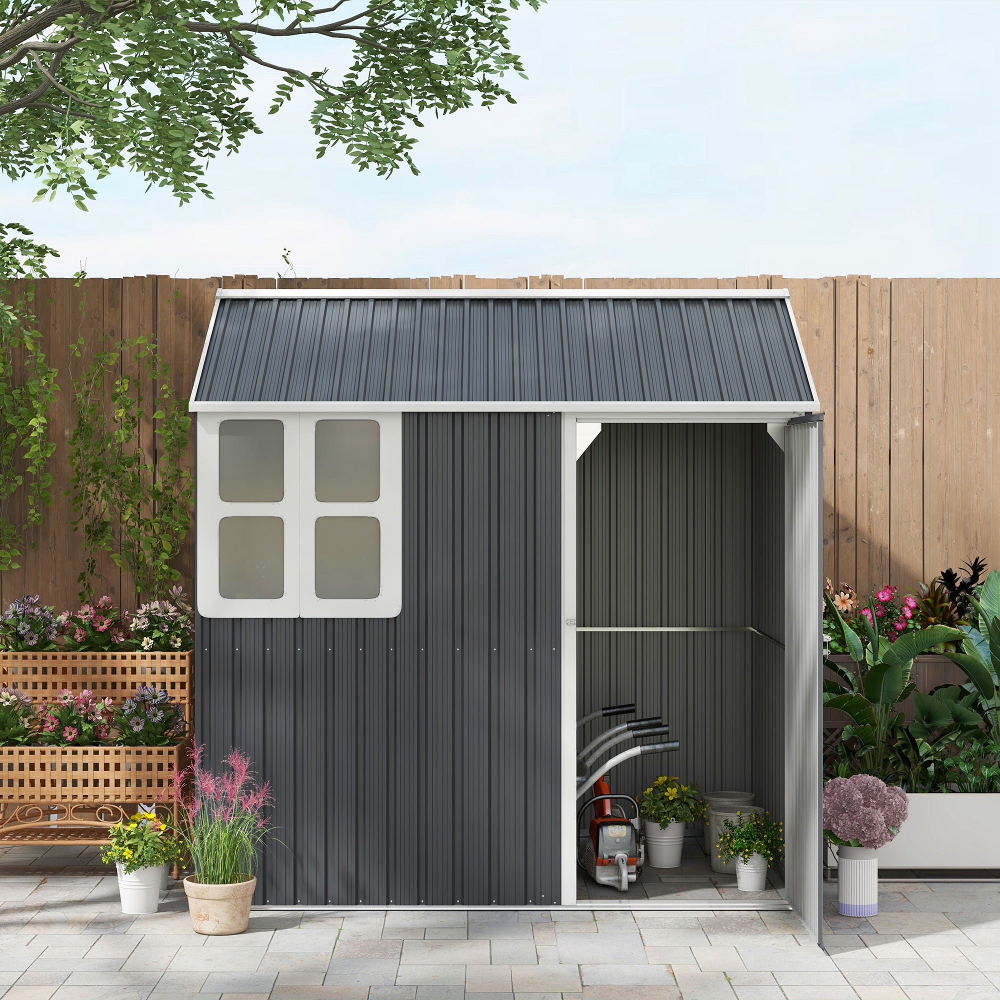 Outsunny 7' x 5.5' Outdoor Storage Shed, Metal Garden Shed Storage House with Window, Lockable Door, Vents, for Backyard, Patio, Lawn, Dark Grey