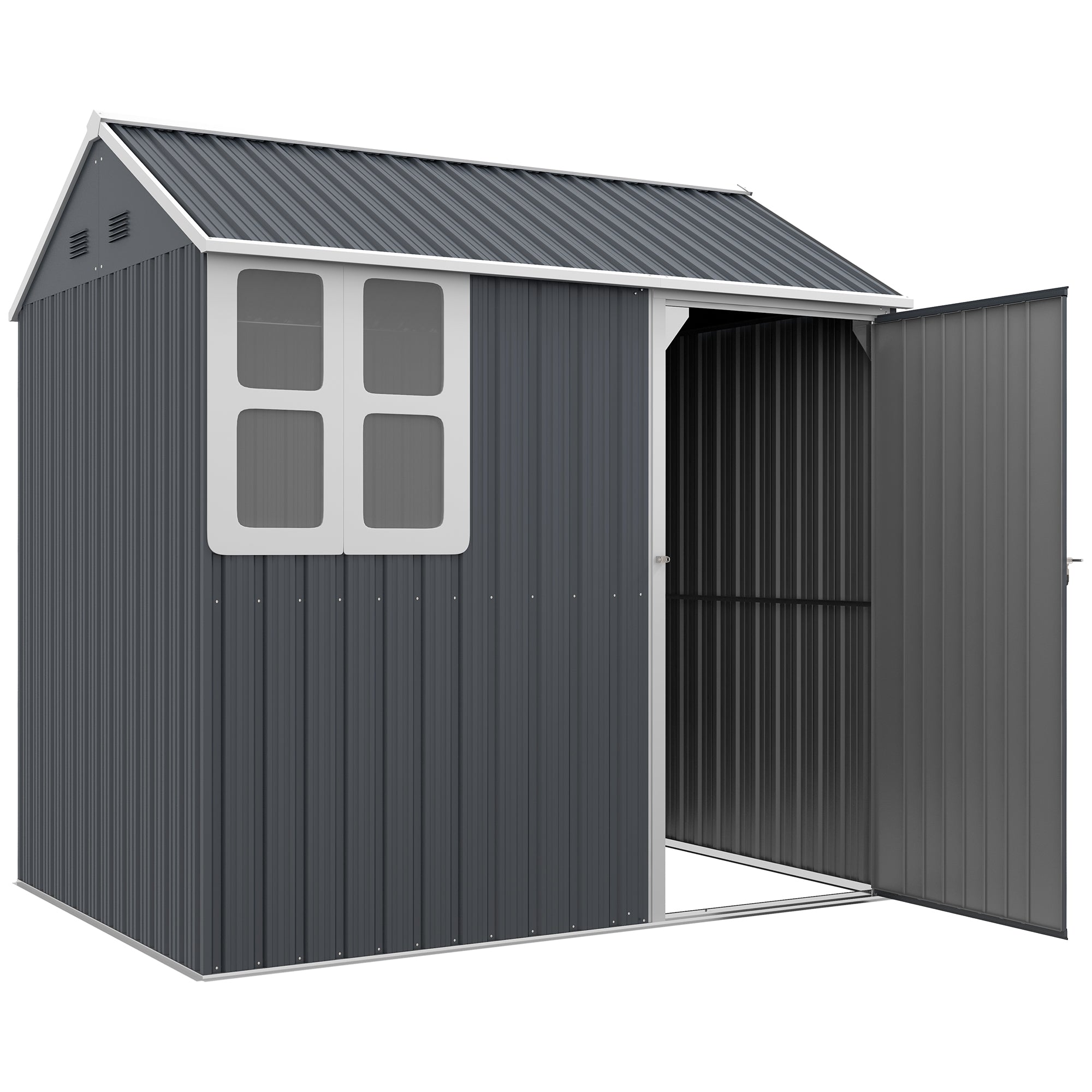 Outsunny 7' x 5.5' Outdoor Storage Shed, Metal Garden Shed Storage House with Window, Lockable Door, Vents, for Backyard, Patio, Lawn, Dark Grey