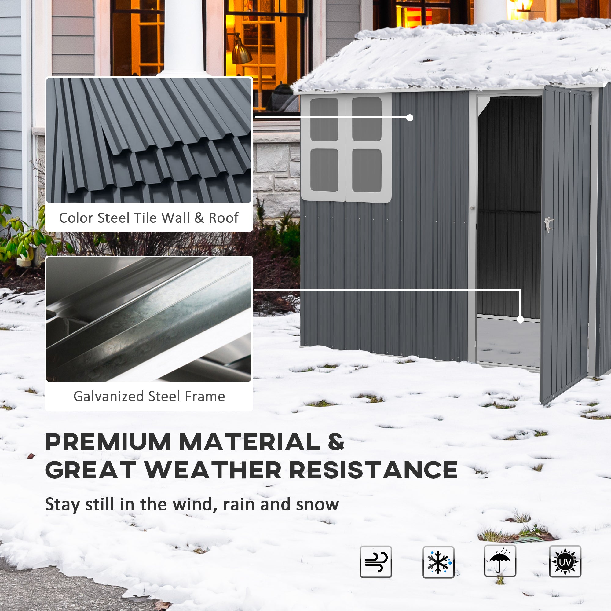 Outsunny 7' x 5.5' Outdoor Storage Shed, Metal Garden Shed Storage House with Window, Lockable Door, Vents, for Backyard, Patio, Lawn, Dark Grey