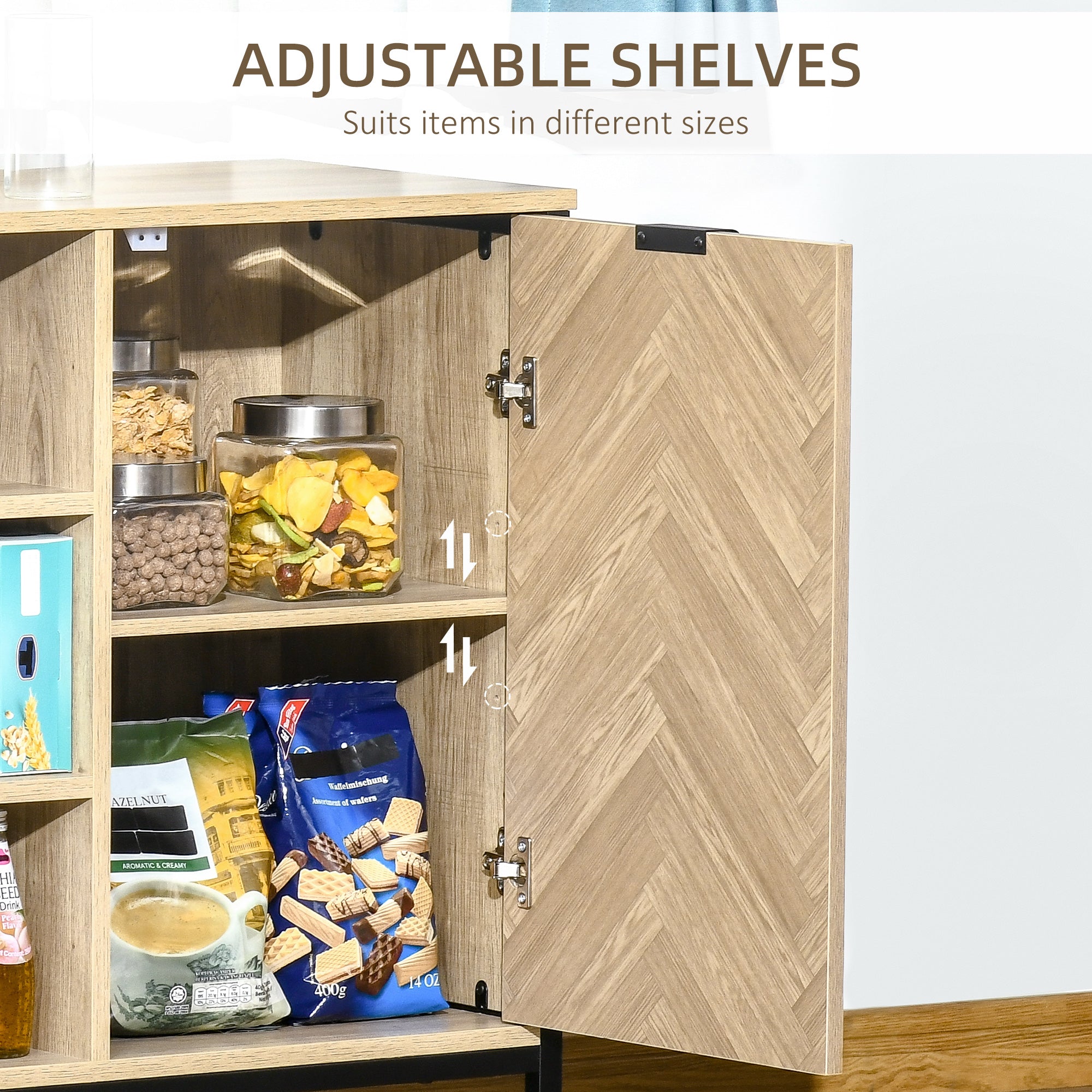 HOMCOM Kitchen Sideboard, Buffet Cabinet with 2 Door Cupboards, 3 Open Shelves and Adjustable Shelves, Oak Tone