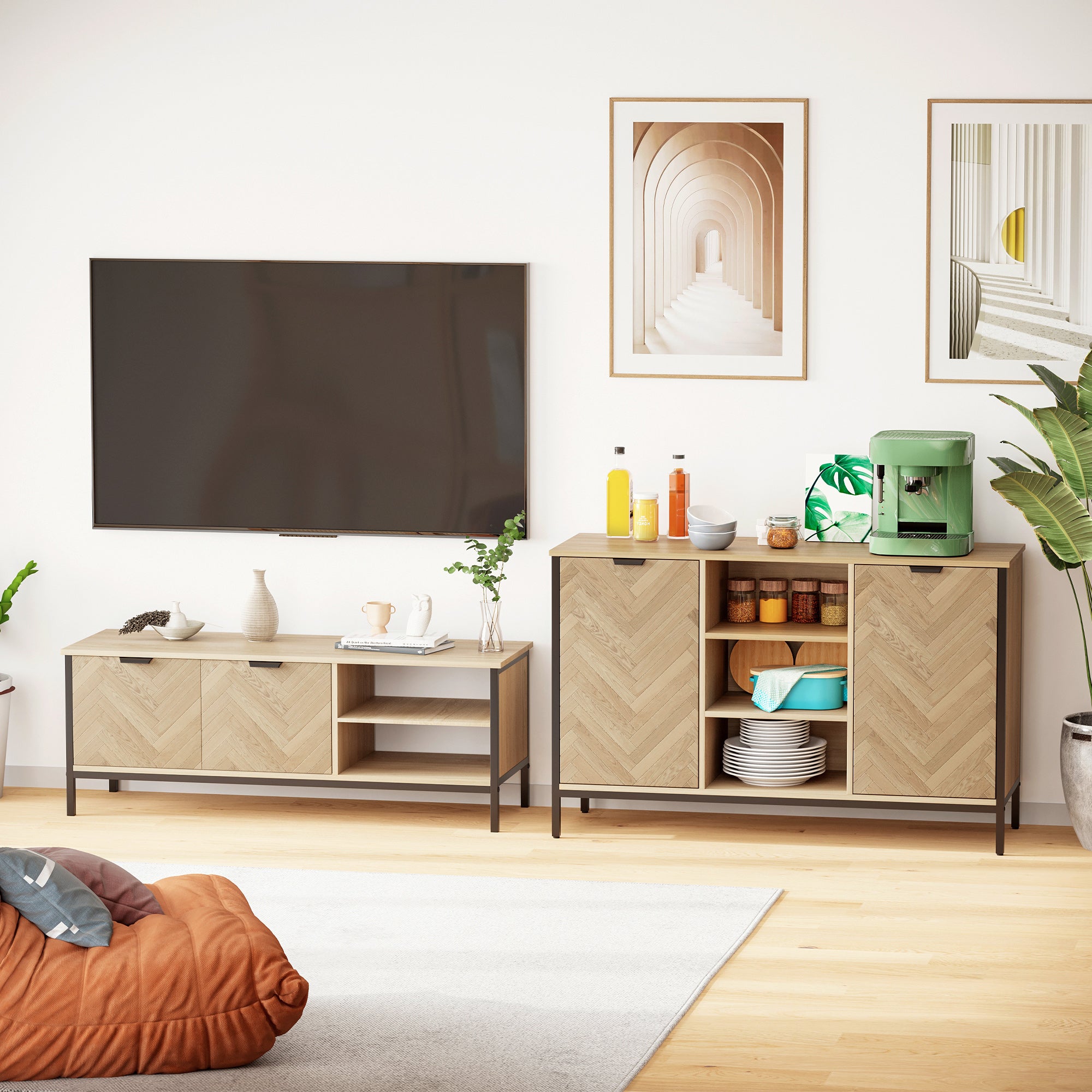HOMCOM Kitchen Sideboard, Buffet Cabinet with 2 Door Cupboards, 3 Open Shelves and Adjustable Shelves, Oak Tone