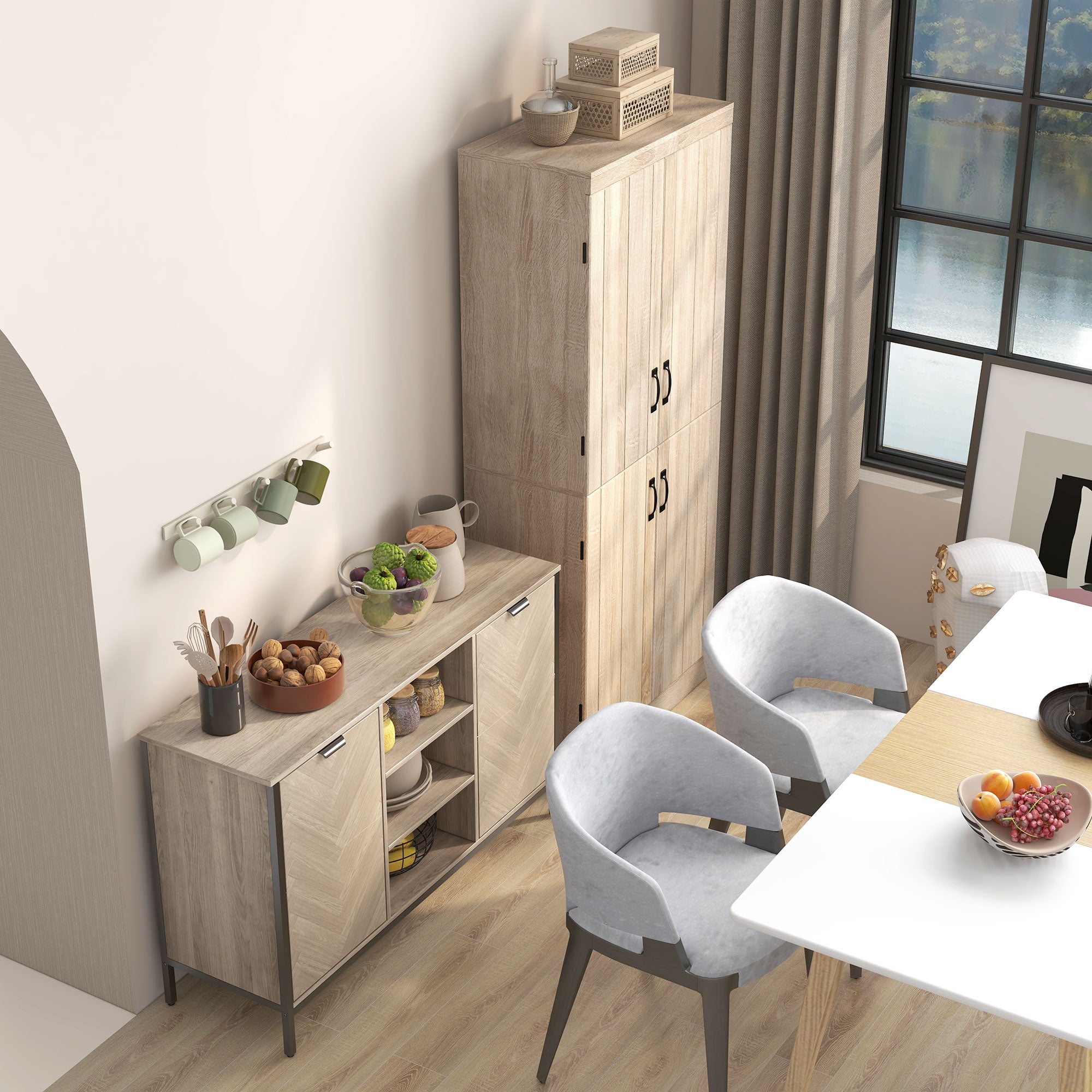 HOMCOM Kitchen Sideboard, Buffet Cabinet with 2 Door Cupboards, 3 Open Shelves and Adjustable Shelves, Oak Tone