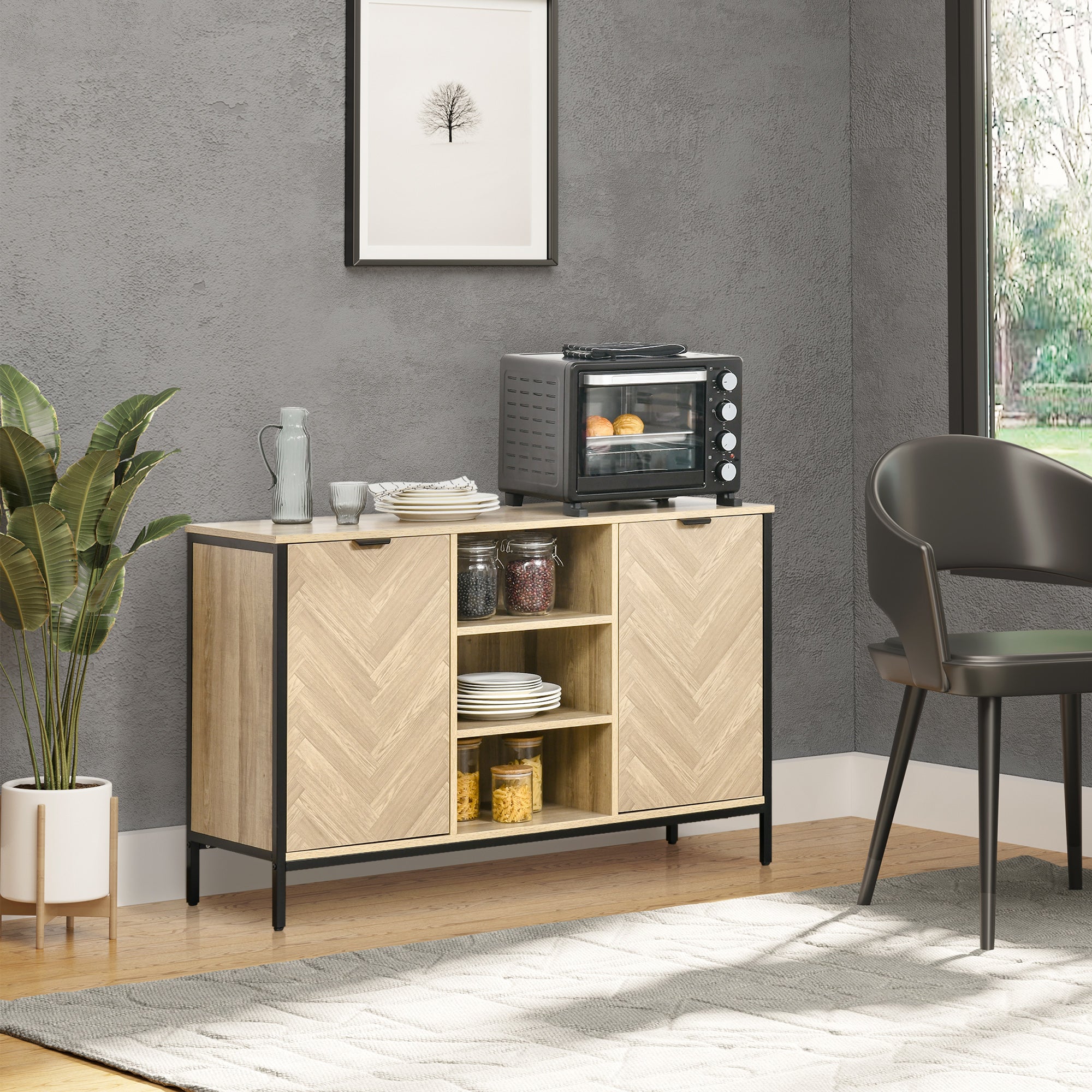 HOMCOM Kitchen Sideboard, Buffet Cabinet with 2 Door Cupboards, 3 Open Shelves and Adjustable Shelves, Oak Tone