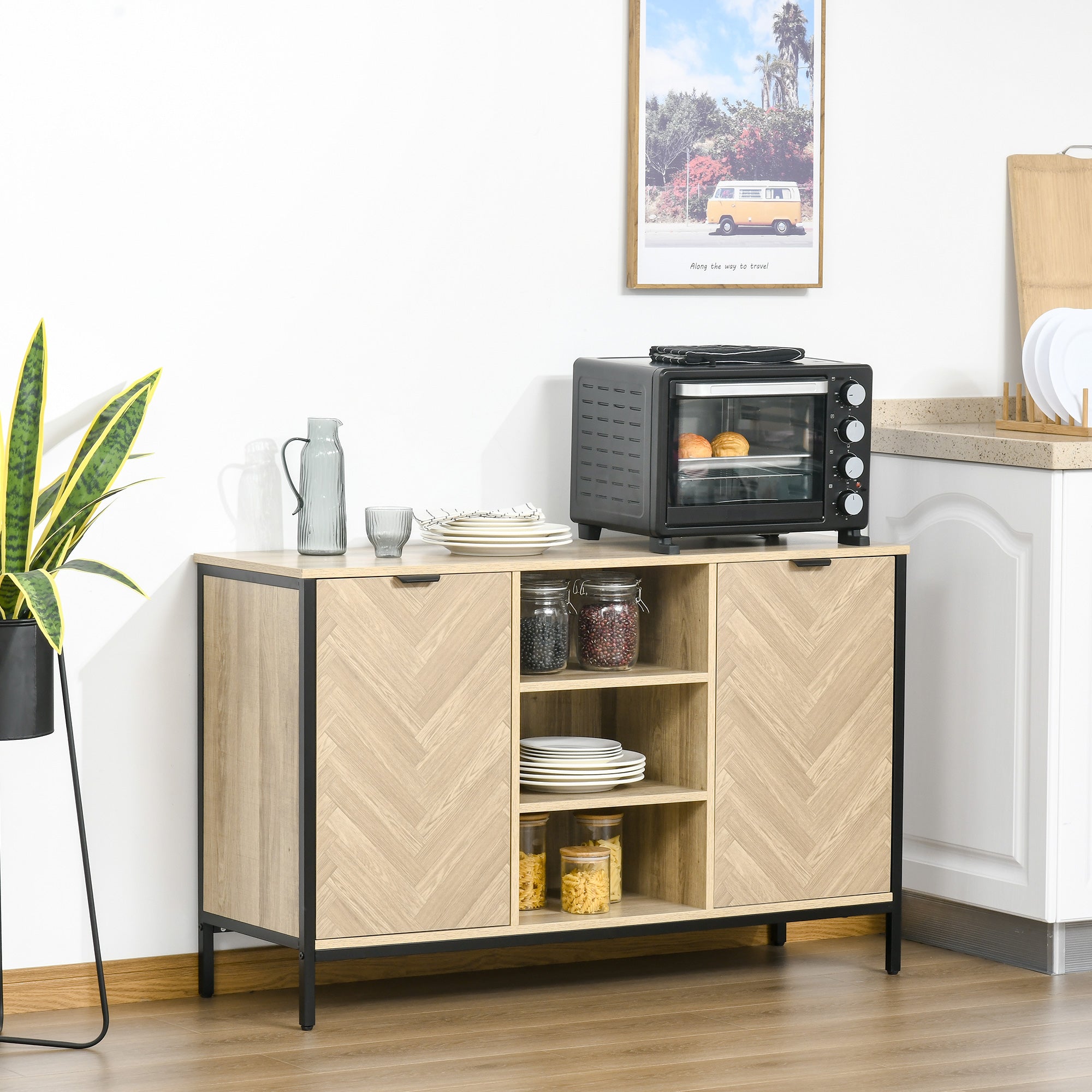 HOMCOM Kitchen Sideboard, Buffet Cabinet with 2 Door Cupboards, 3 Open Shelves and Adjustable Shelves, Oak Tone
