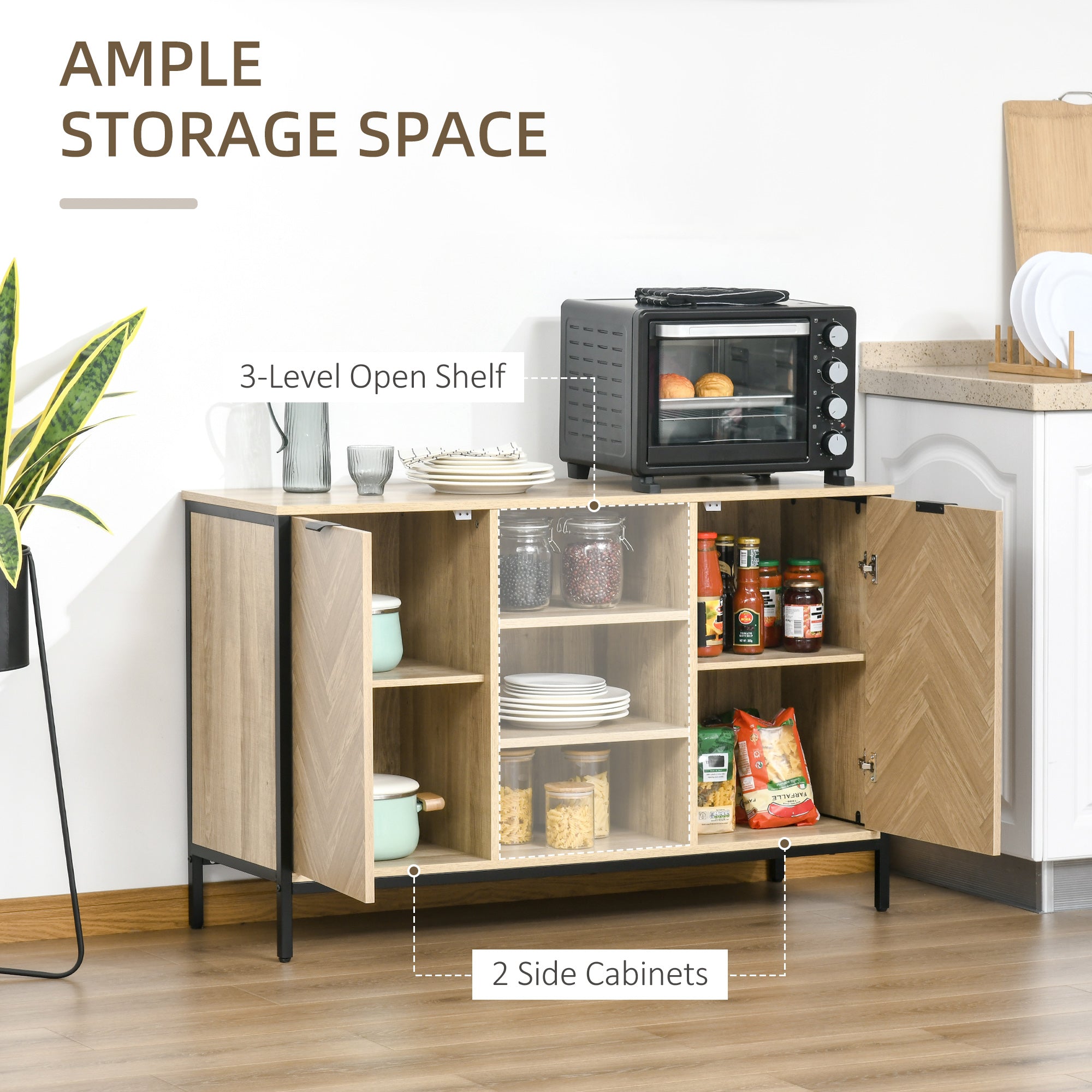 HOMCOM Kitchen Sideboard, Buffet Cabinet with 2 Door Cupboards, 3 Open Shelves and Adjustable Shelves, Oak Tone