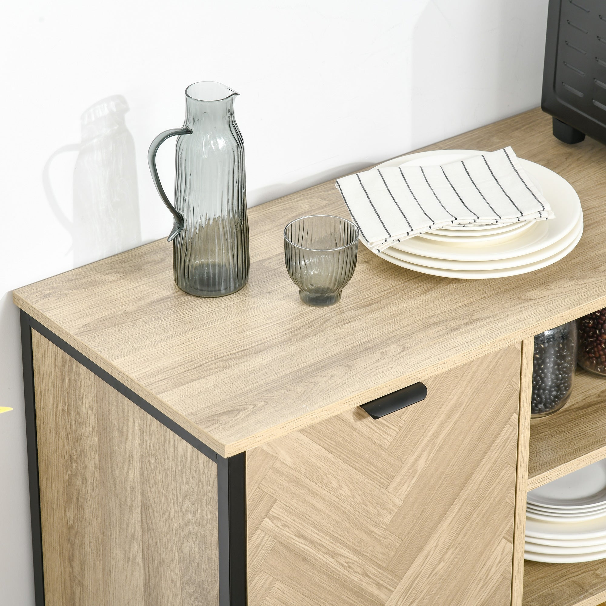 HOMCOM Kitchen Sideboard, Buffet Cabinet with 2 Door Cupboards, 3 Open Shelves and Adjustable Shelves, Oak Tone
