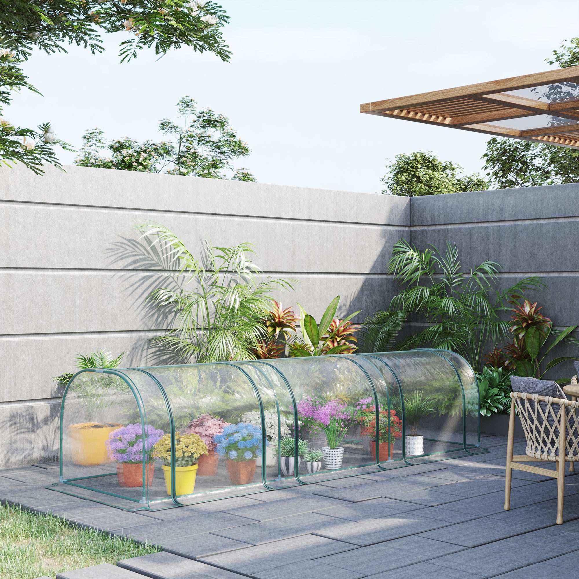 Outsunny 11.5' x 3' x 2.5' Plastic Mini Tunnel Greenhouse Garden Green Grow Shed Portable Plant Flower Warm House Steel Frame Zipped Doors, Clear