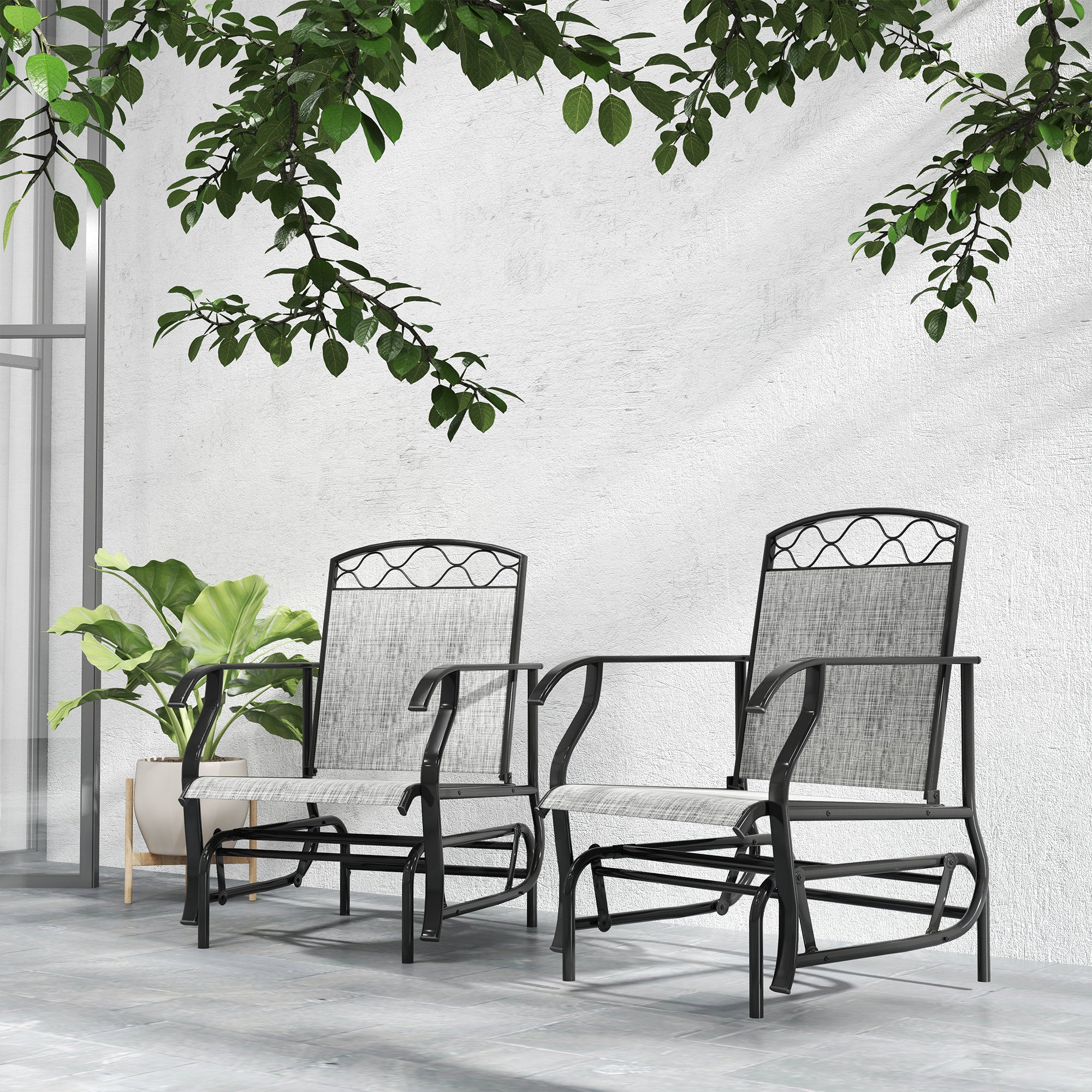 Outsunny Outdoor Glider Chair Set of 2, Patio Swing Glider with Thickened Breathable Mesh Seat and High Back, Steel Frame Patio Glider for Garden, Porch, Backyard, Grey