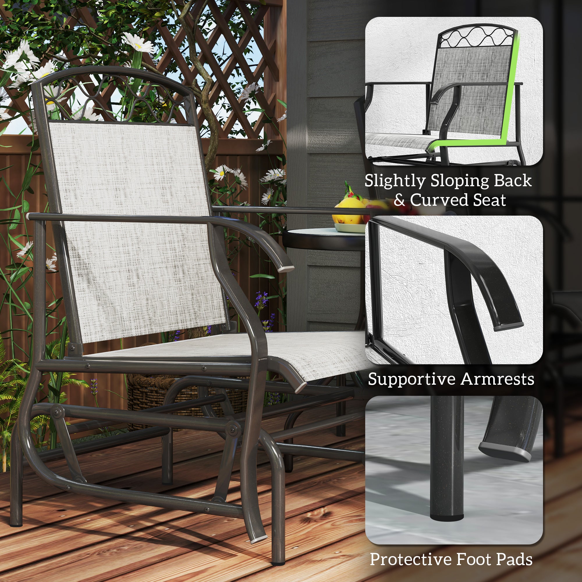 Outsunny Outdoor Glider Chair Set of 2, Patio Swing Glider with Thickened Breathable Mesh Seat and High Back, Steel Frame Patio Glider for Garden, Porch, Backyard, Grey