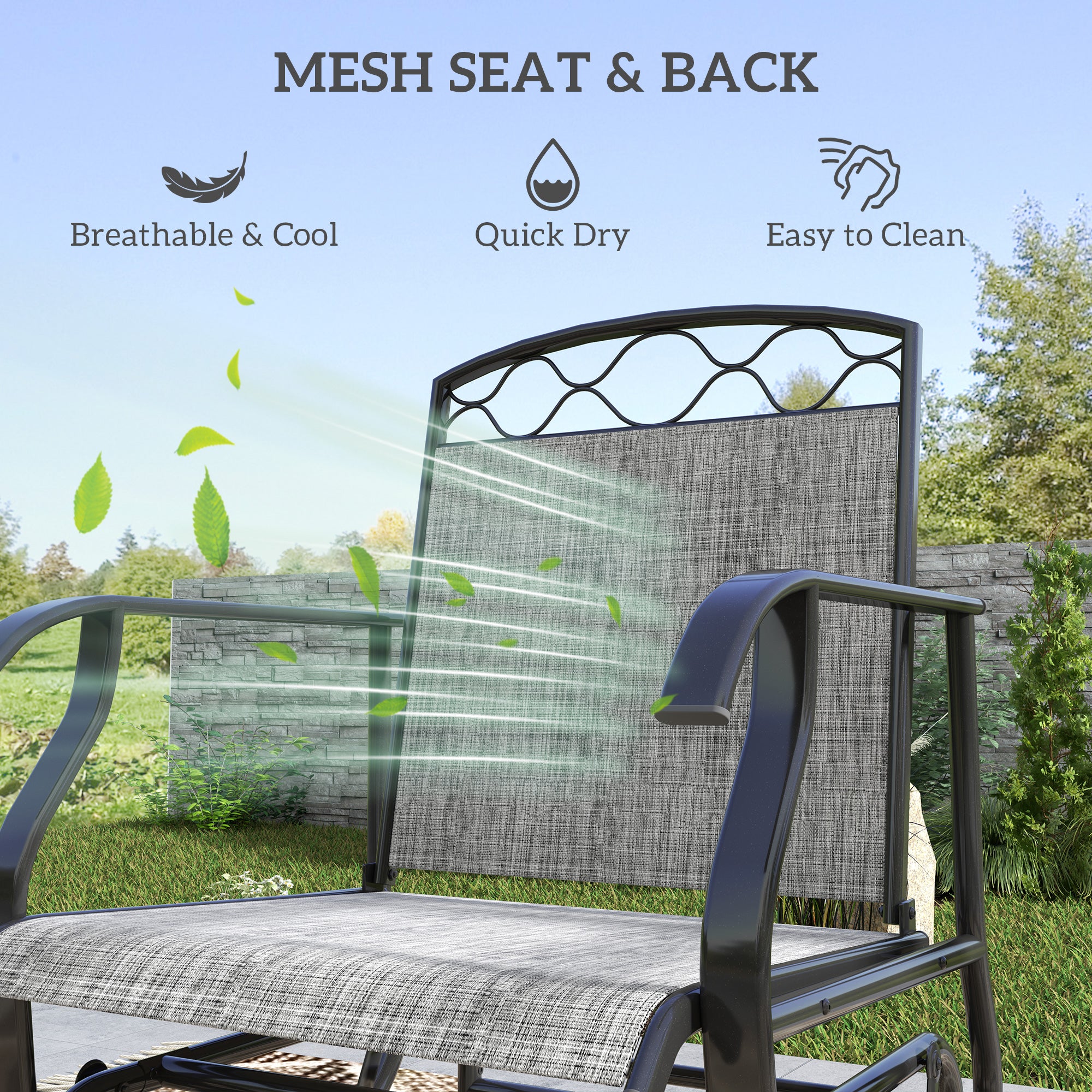 Outsunny Outdoor Glider Chair Set of 2, Patio Swing Glider with Thickened Breathable Mesh Seat and High Back, Steel Frame Patio Glider for Garden, Porch, Backyard, Grey
