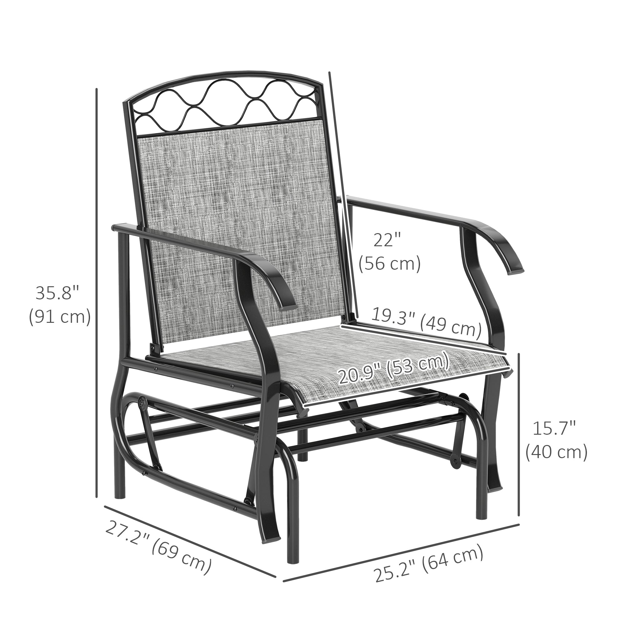 Outsunny Outdoor Glider Chair Set of 2, Patio Swing Glider with Thickened Breathable Mesh Seat and High Back, Steel Frame Patio Glider for Garden, Porch, Backyard, Grey