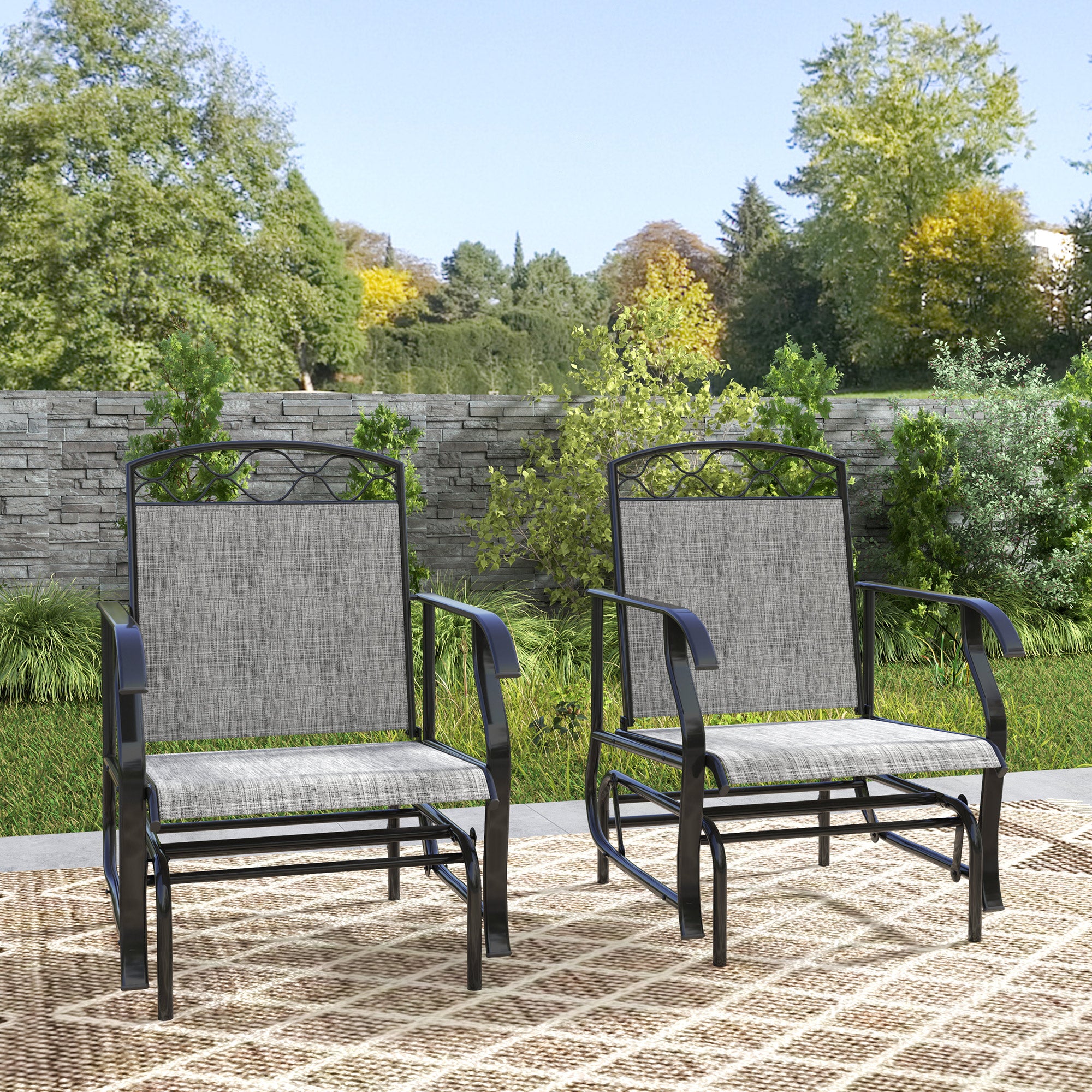 Outsunny Outdoor Glider Chair Set of 2, Patio Swing Glider with Thickened Breathable Mesh Seat and High Back, Steel Frame Patio Glider for Garden, Porch, Backyard, Grey