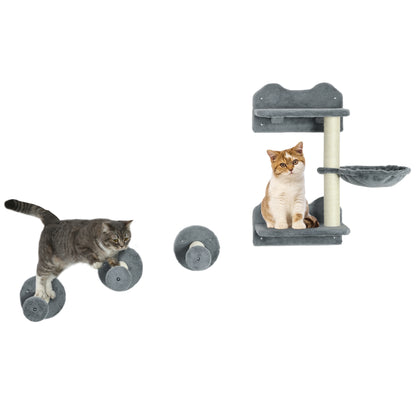PawHut 4Pcs Cat Wall Shelf with Scratching Posts, Hammock, Steps, Platforms, Cat Shelves for Relaxing, Sleeping, Jumping, Cat Wall Climber for Indoor Cats, Grey