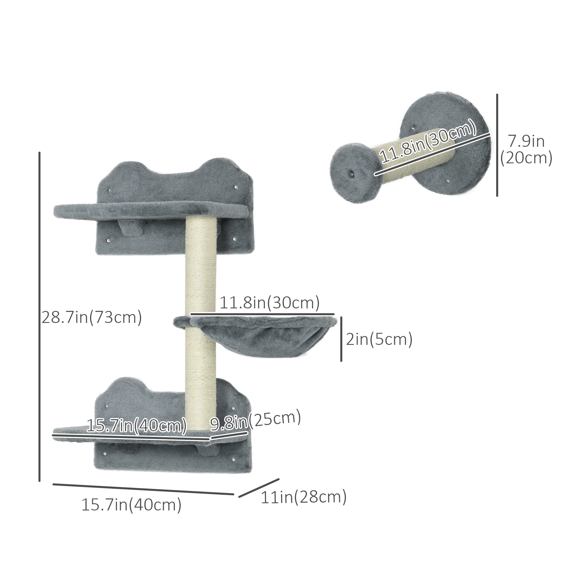 PawHut 4Pcs Cat Wall Shelf with Scratching Posts, Hammock, Steps, Platforms, Cat Shelves for Relaxing, Sleeping, Jumping, Cat Wall Climber for Indoor Cats, Grey