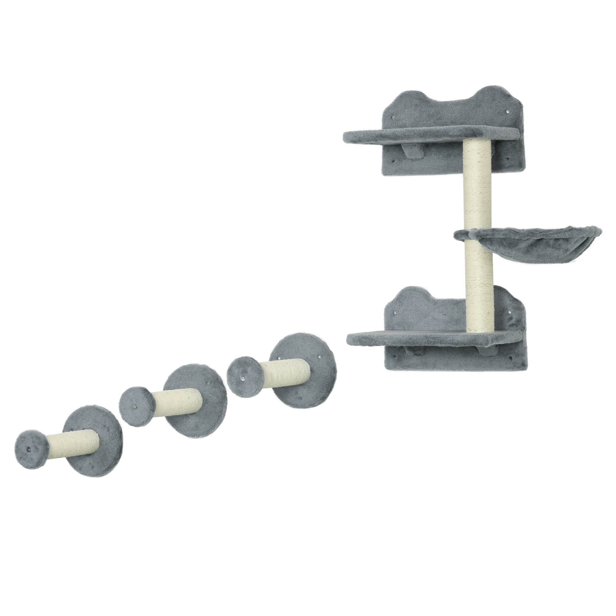 PawHut 4 Piece Cat Shelves Cat Wall Furniture Wall-Mounted Cat Tree for Indoor Cat w/ Hammock, Steps, Platforms, Scratching Post - Grey