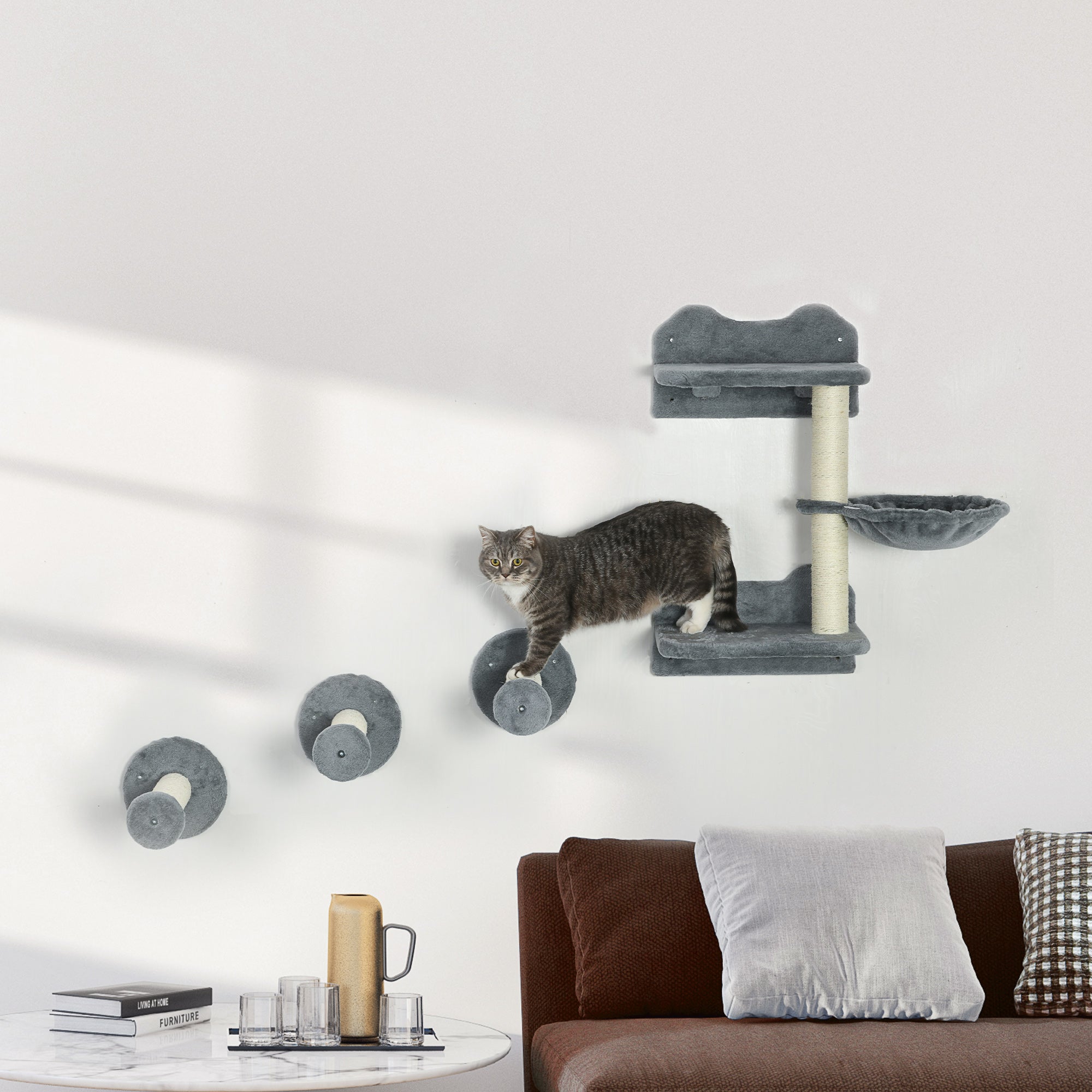 PawHut 4 Piece Cat Shelves Cat Wall Furniture Wall-Mounted Cat Tree for Indoor Cat w/ Hammock, Steps, Platforms, Scratching Post - Grey
