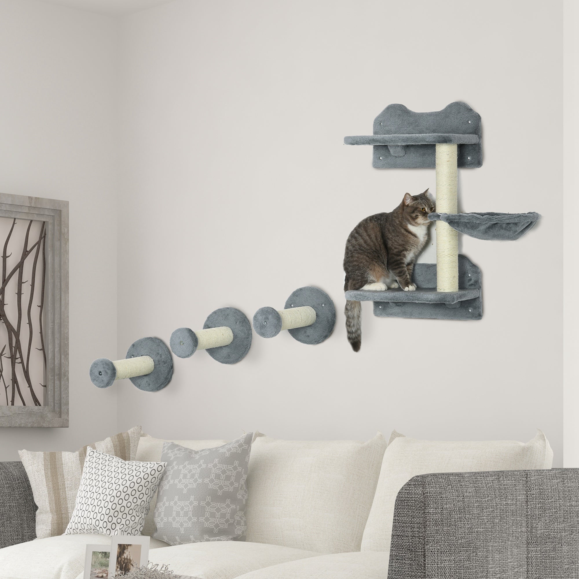 PawHut 4 Piece Cat Shelves Cat Wall Furniture Wall-Mounted Cat Tree for Indoor Cat w/ Hammock, Steps, Platforms, Scratching Post - Grey