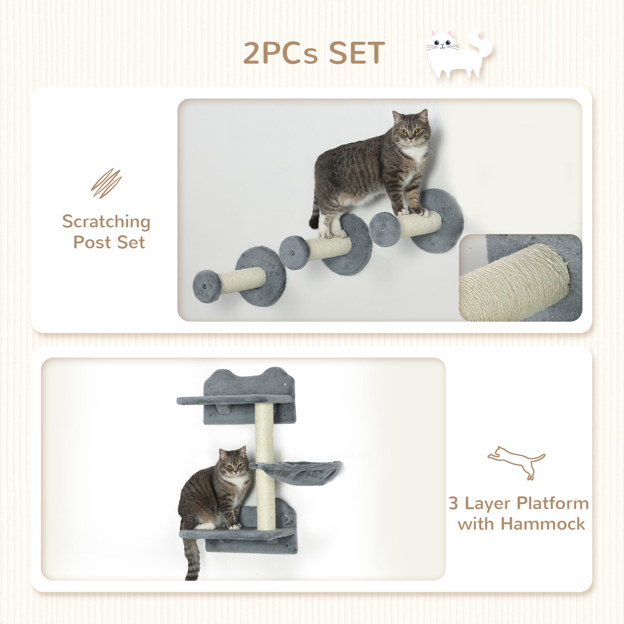 PawHut 4 Piece Cat Shelves Cat Wall Furniture Wall-Mounted Cat Tree for Indoor Cat w/ Hammock, Steps, Platforms, Scratching Post - Grey