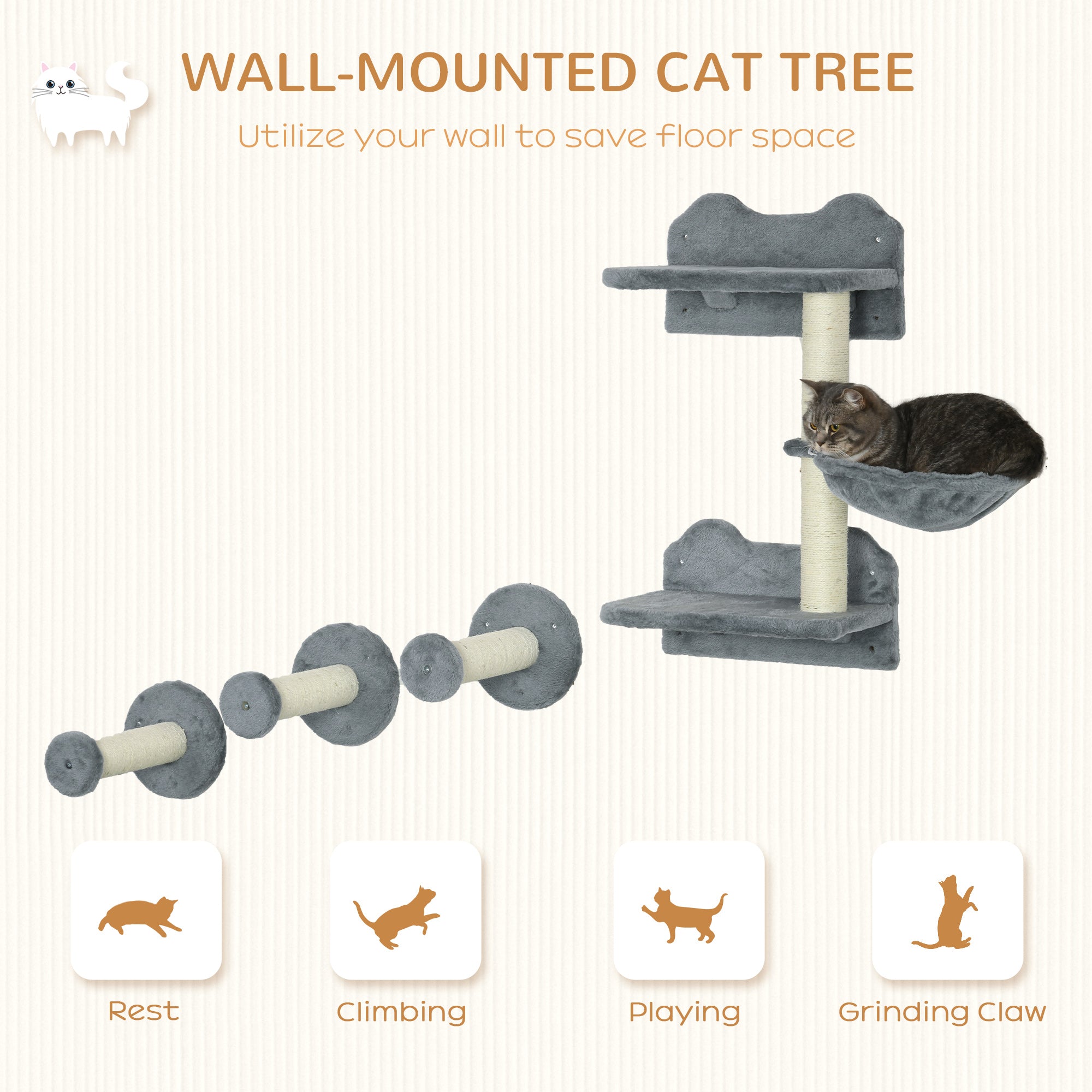 PawHut 4 Piece Cat Shelves Cat Wall Furniture Wall-Mounted Cat Tree for Indoor Cat w/ Hammock, Steps, Platforms, Scratching Post - Grey