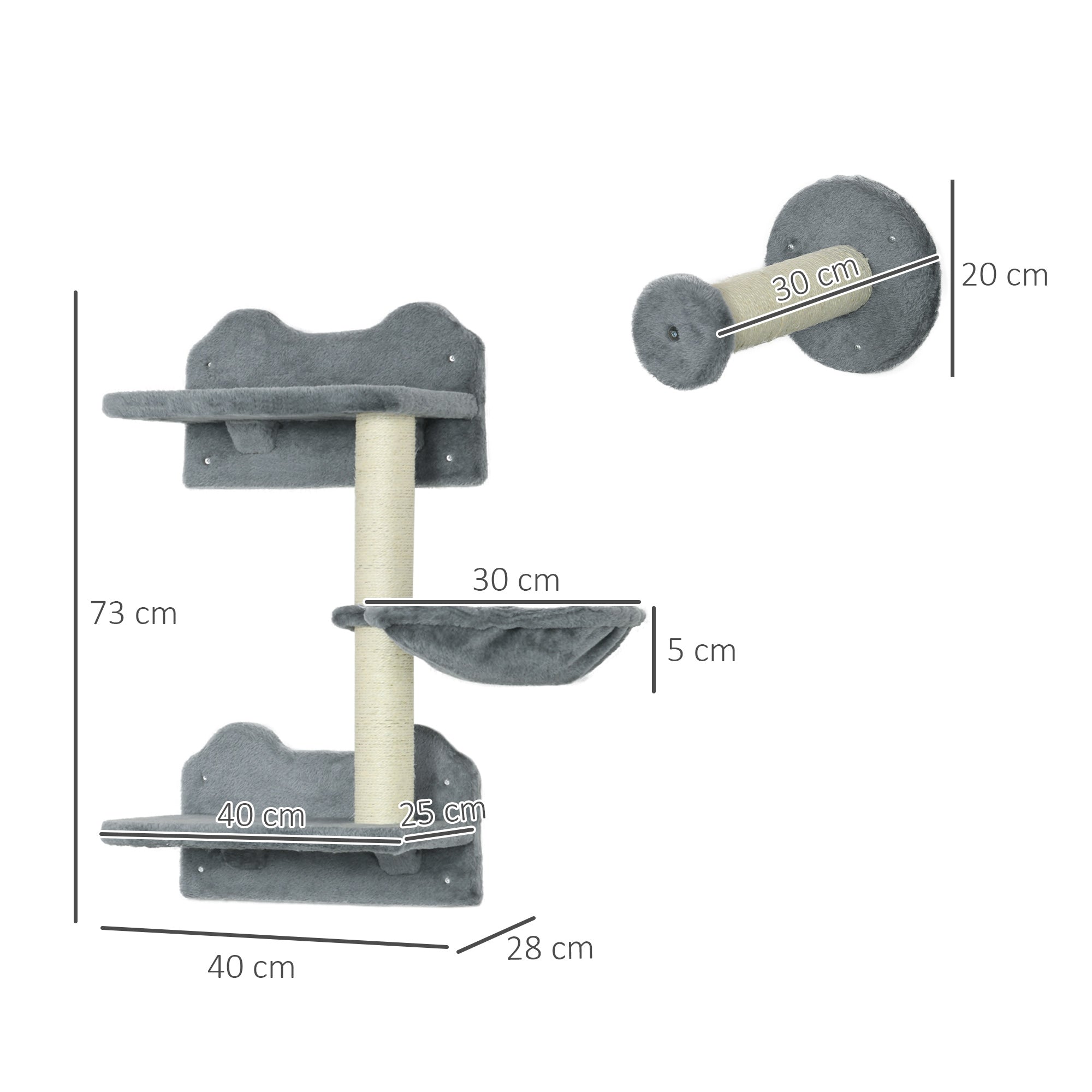 PawHut 4 Piece Cat Shelves Cat Wall Furniture Wall-Mounted Cat Tree for Indoor Cat w/ Hammock, Steps, Platforms, Scratching Post - Grey