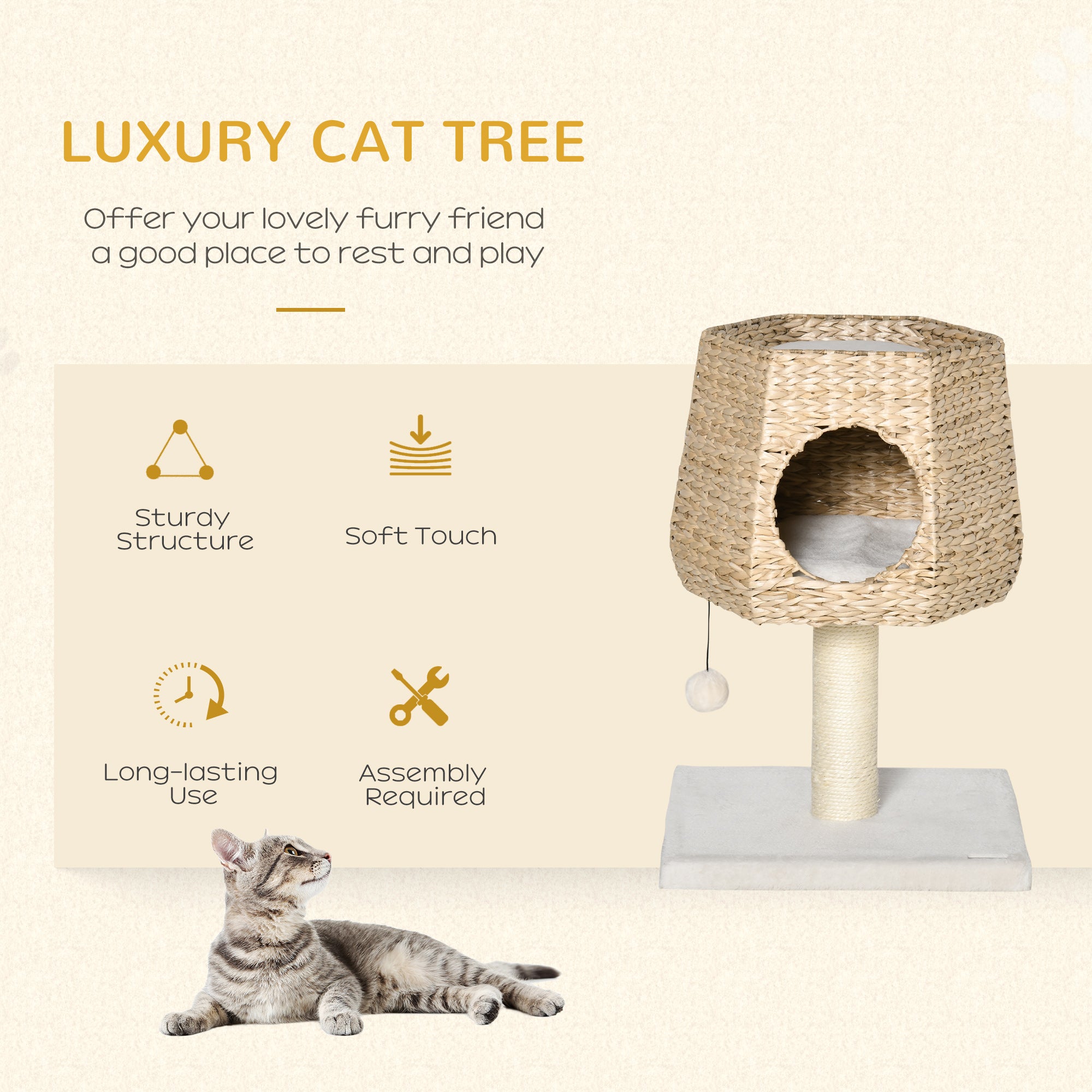 PawHut Cat Tree Tower with Scratching Post for Indoor Cats Climbing Activity Center Kitten Furniture Condo Sisal 45 x 45 x 66cm Natural