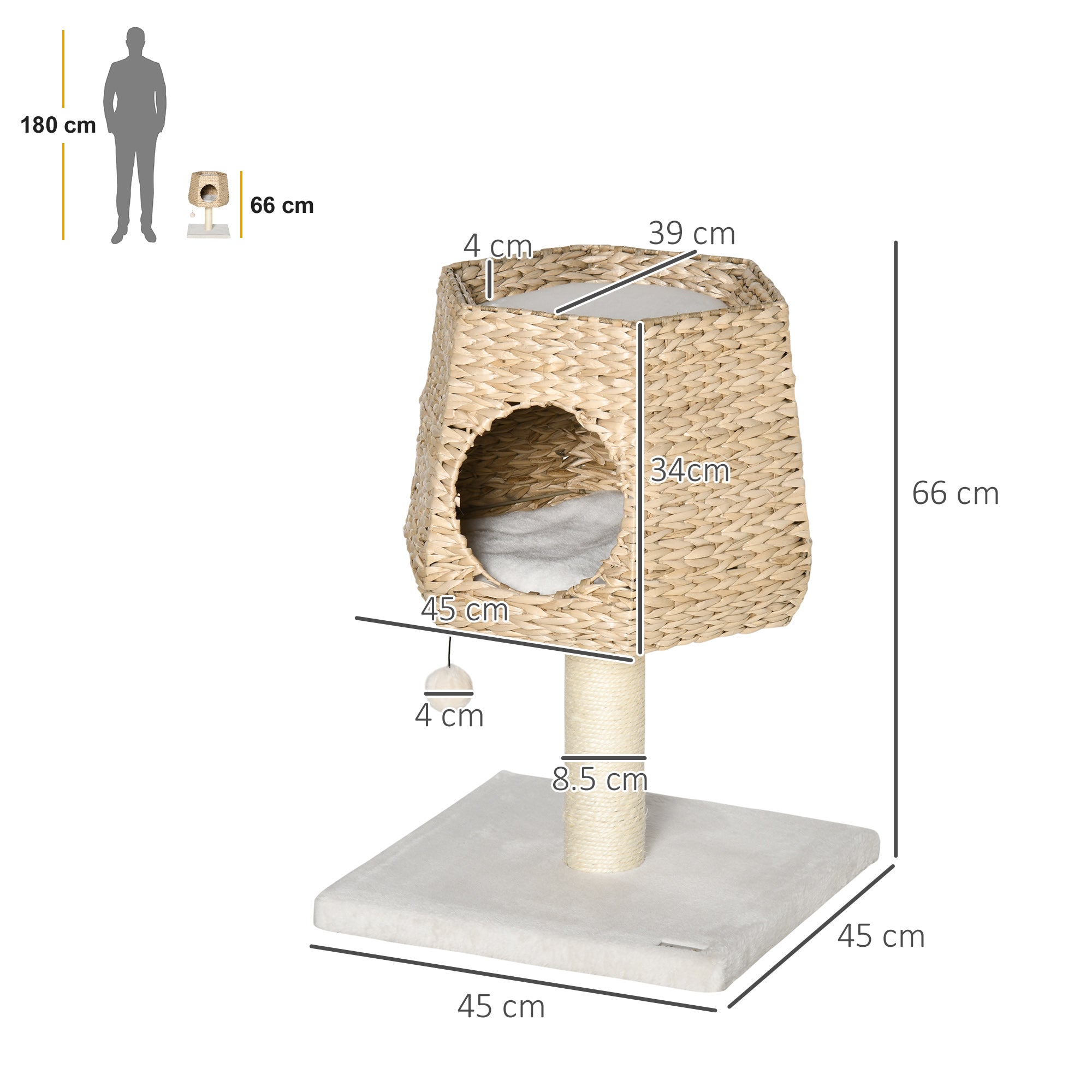 PawHut Cat Tree Tower with Scratching Post for Indoor Cats Climbing Activity Center Kitten Furniture Condo Sisal 45 x 45 x 66cm Natural