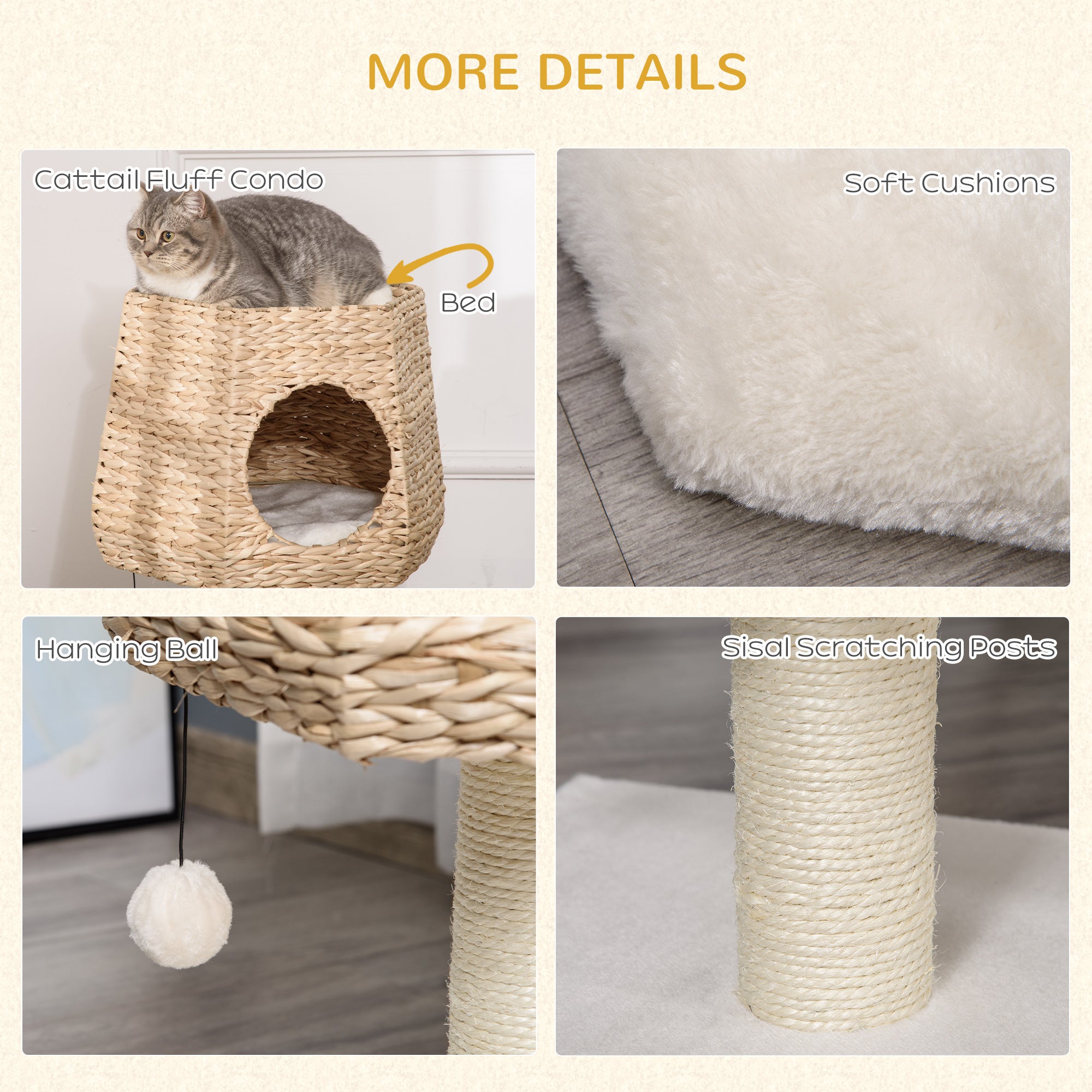 PawHut Cat Tree Tower with Scratching Post for Indoor Cats Climbing Activity Center Kitten Furniture Condo Sisal 45 x 45 x 66cm Natural