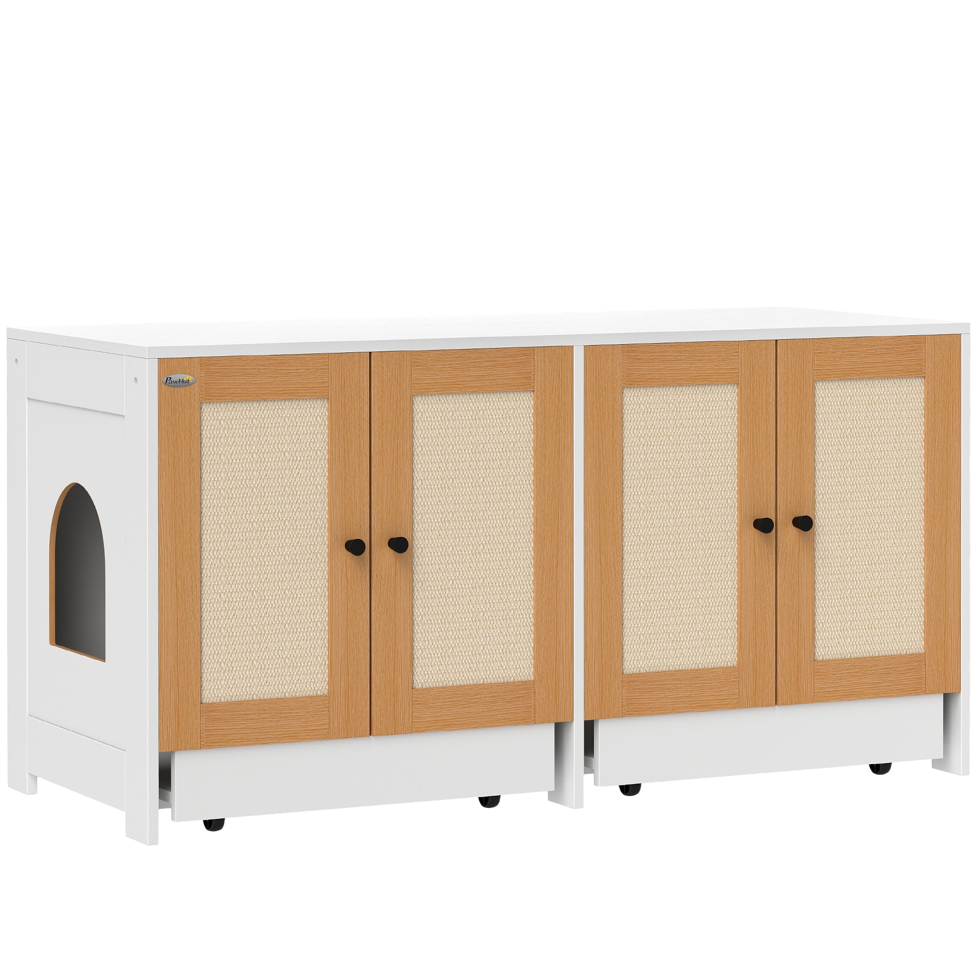 PawHut Cat Litter Box Enclosure, Hidden Litter Box Furniture with Pull-Out Tray, Indoor Cat Washroom with 2 Storage Cabinet,  Scratching Mat, Oak