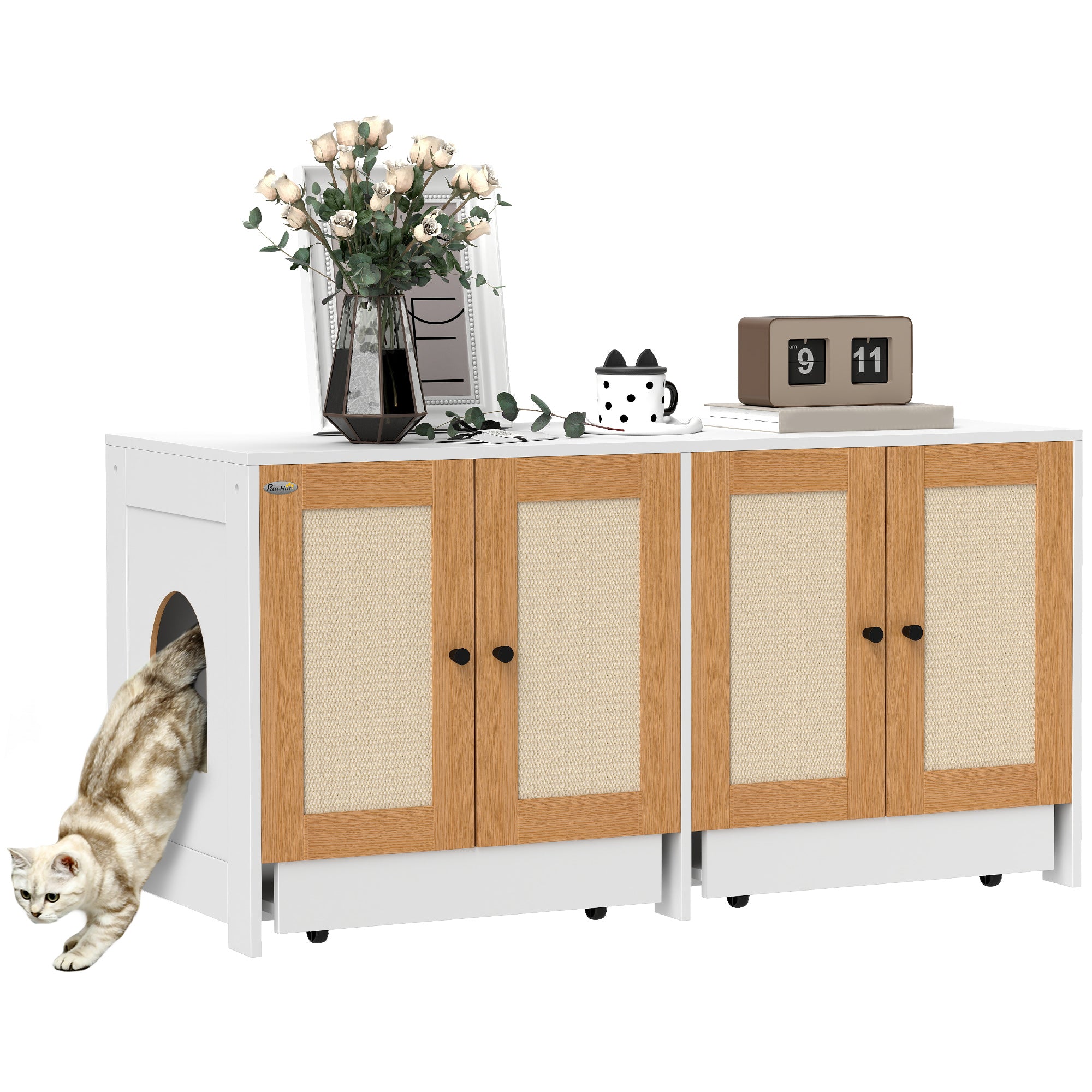 PawHut Cat Litter Box Enclosure, Hidden Litter Box Furniture with Pull-Out Tray, Indoor Cat Washroom with 2 Storage Cabinet,  Scratching Mat, Oak