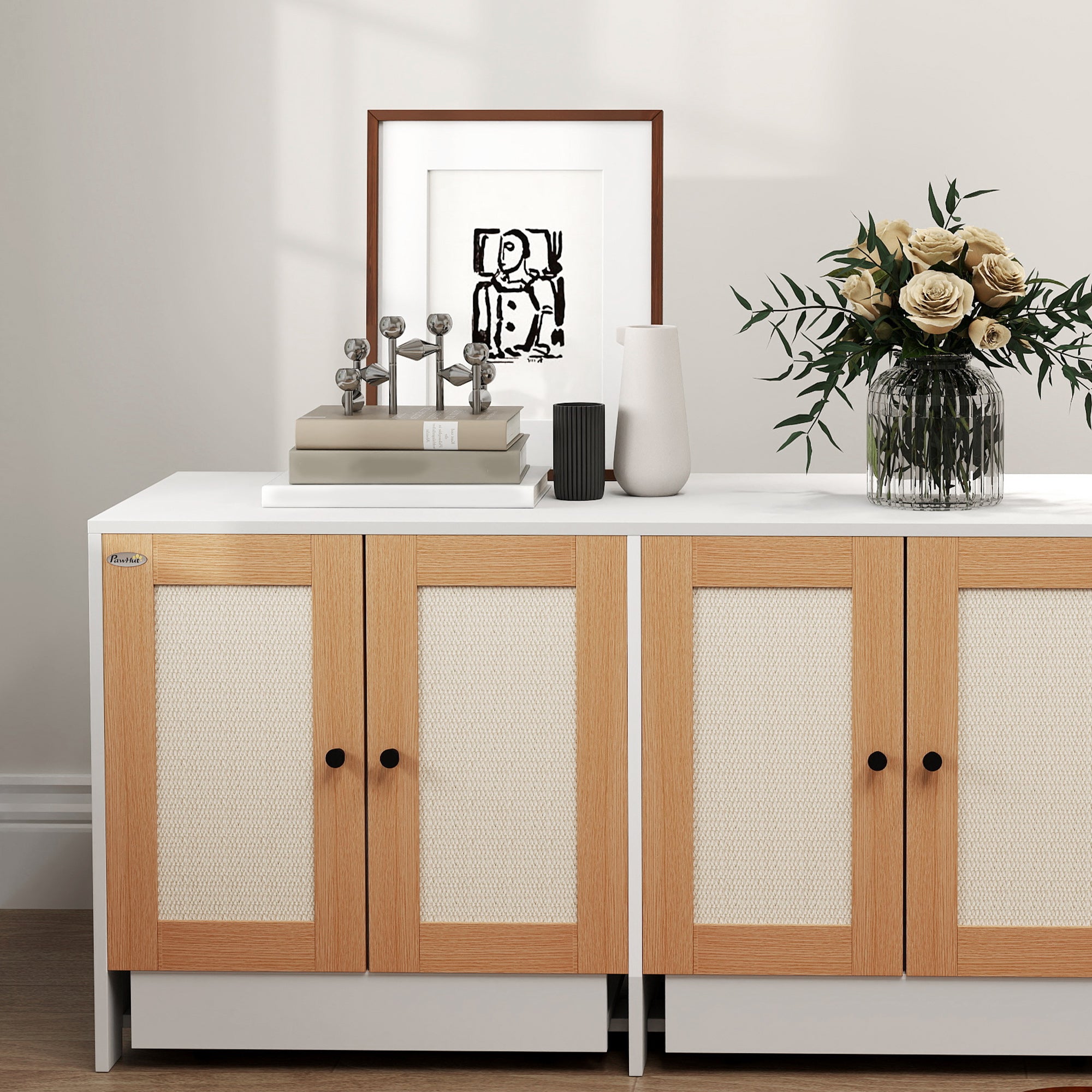 PawHut Cat Litter Box Enclosure, Hidden Litter Box Furniture with Pull-Out Tray, Indoor Cat Washroom with 2 Storage Cabinet,  Scratching Mat, Oak