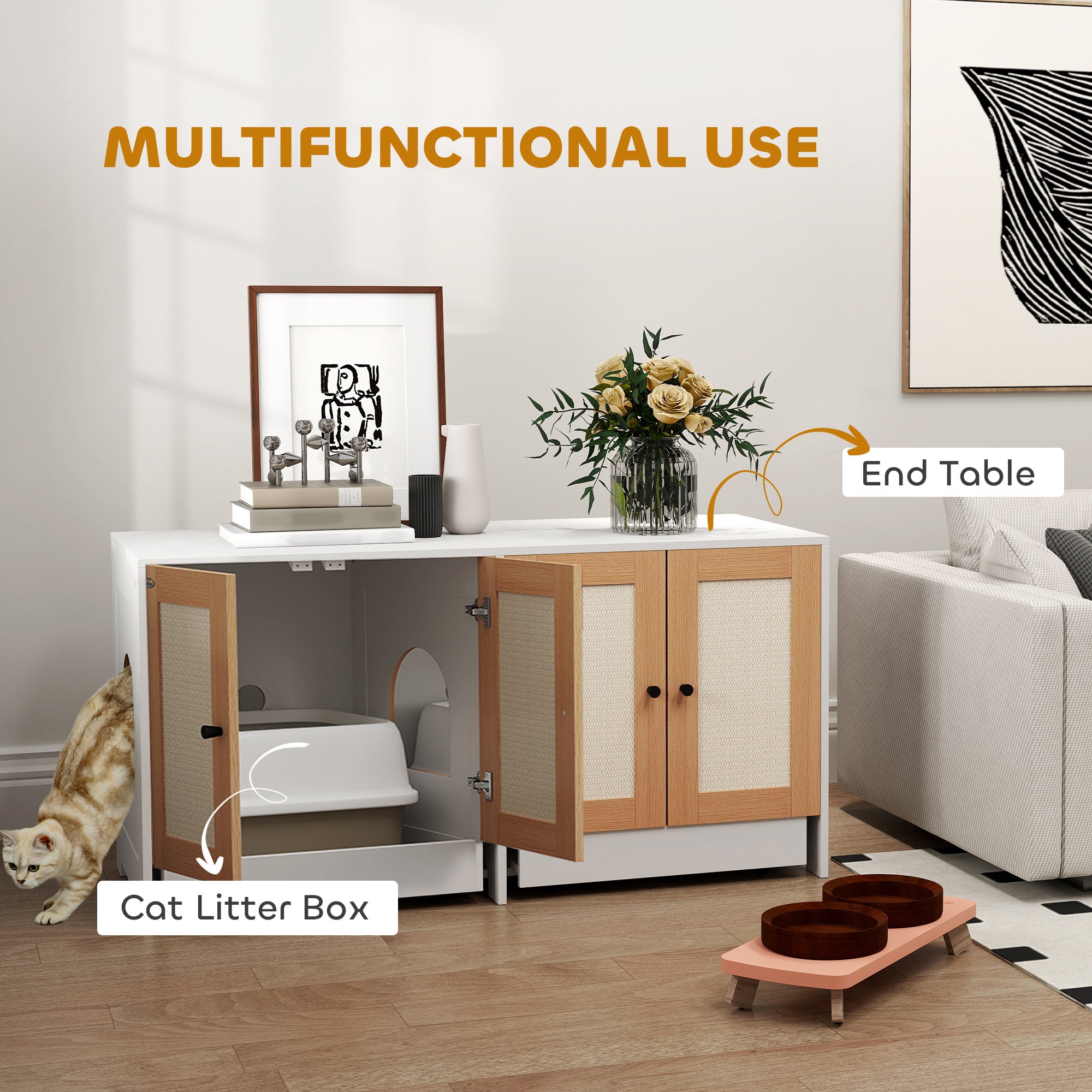 PawHut Cat Litter Box Enclosure, Hidden Litter Box Furniture with Pull-Out Tray, Indoor Cat Washroom with 2 Storage Cabinet,  Scratching Mat, Oak