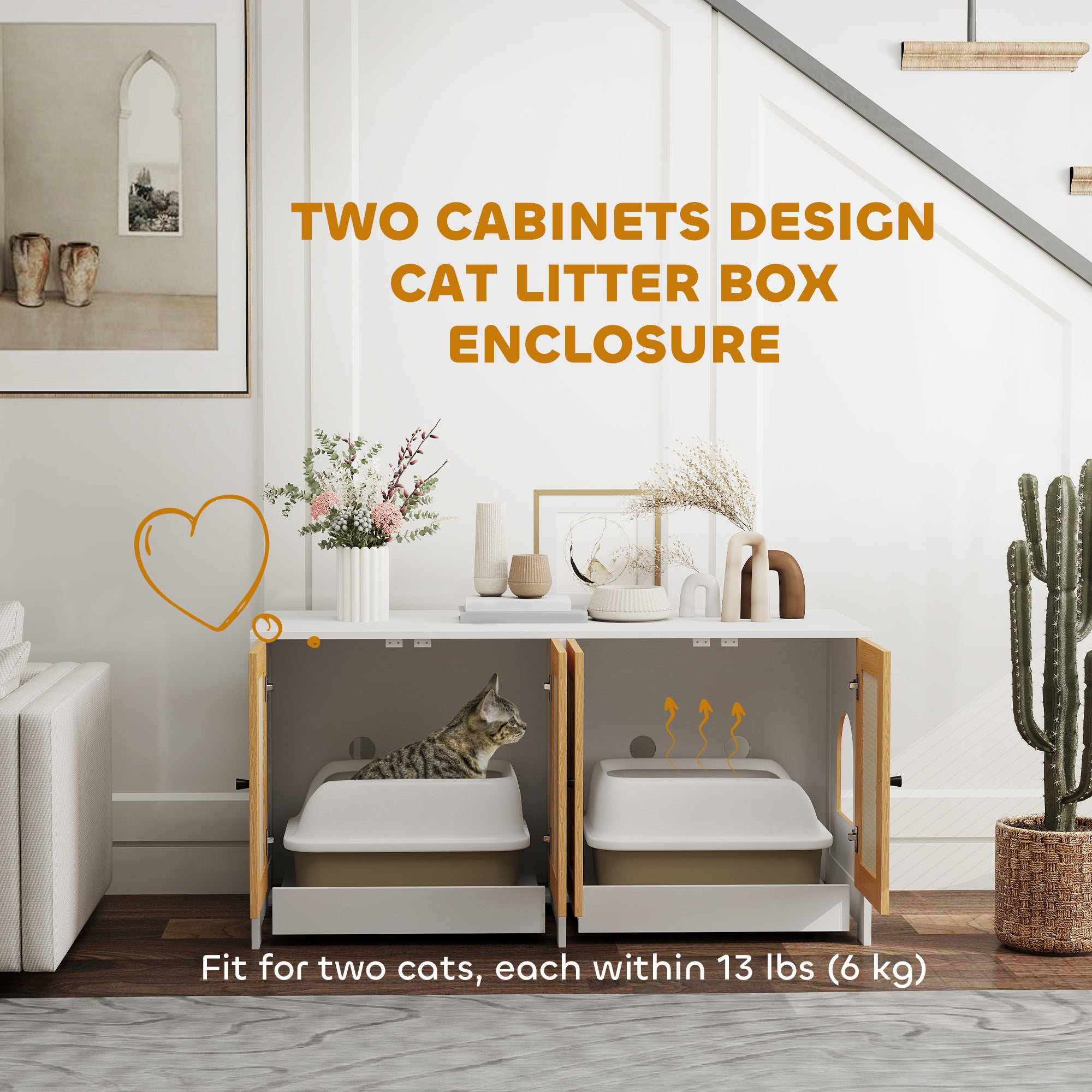 PawHut Cat Litter Box Enclosure, Hidden Litter Box Furniture with Pull-Out Tray, Indoor Cat Washroom with 2 Storage Cabinet,  Scratching Mat, Oak