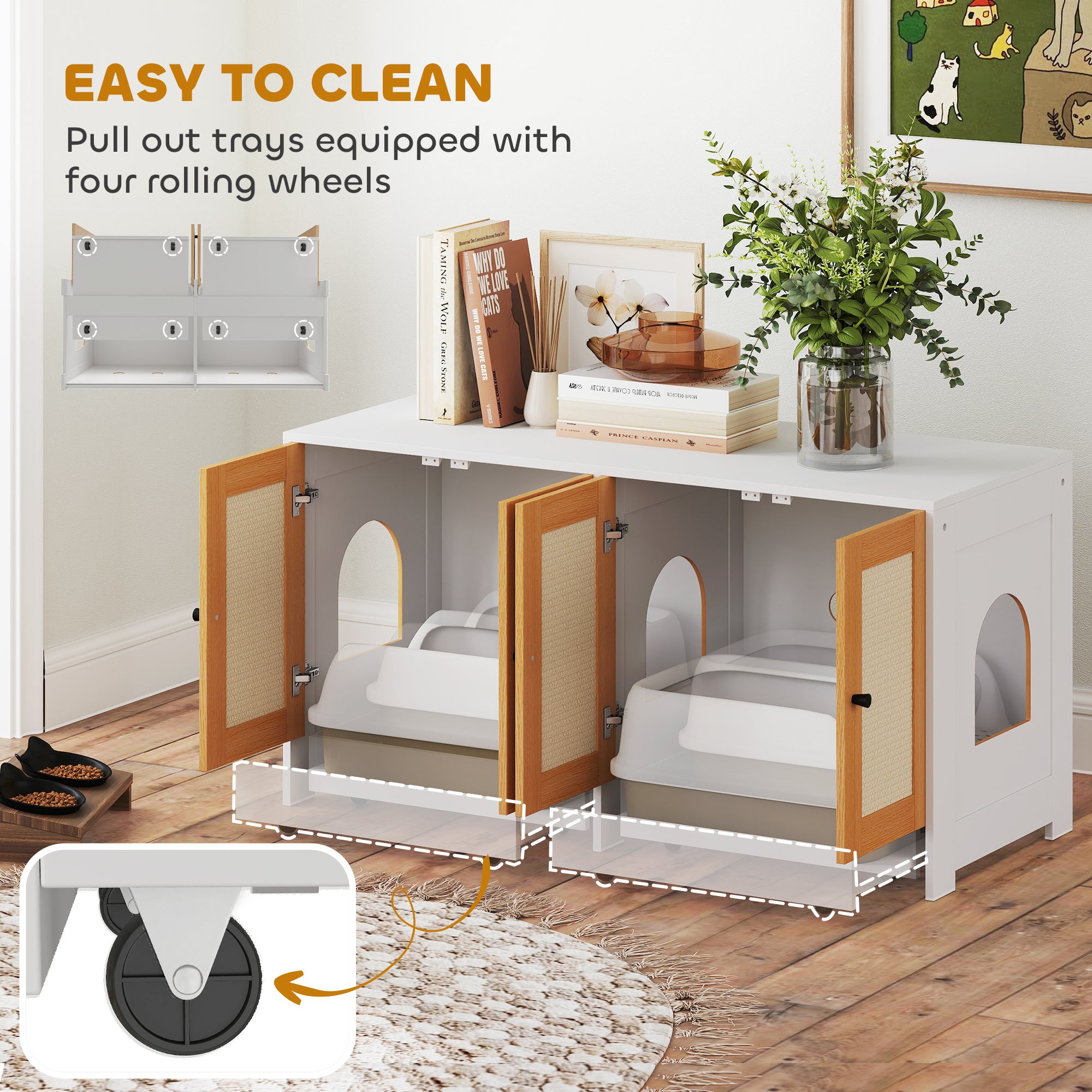 PawHut Cat Litter Box Enclosure, Hidden Litter Box Furniture with Pull-Out Tray, Indoor Cat Washroom with 2 Storage Cabinet,  Scratching Mat, Oak