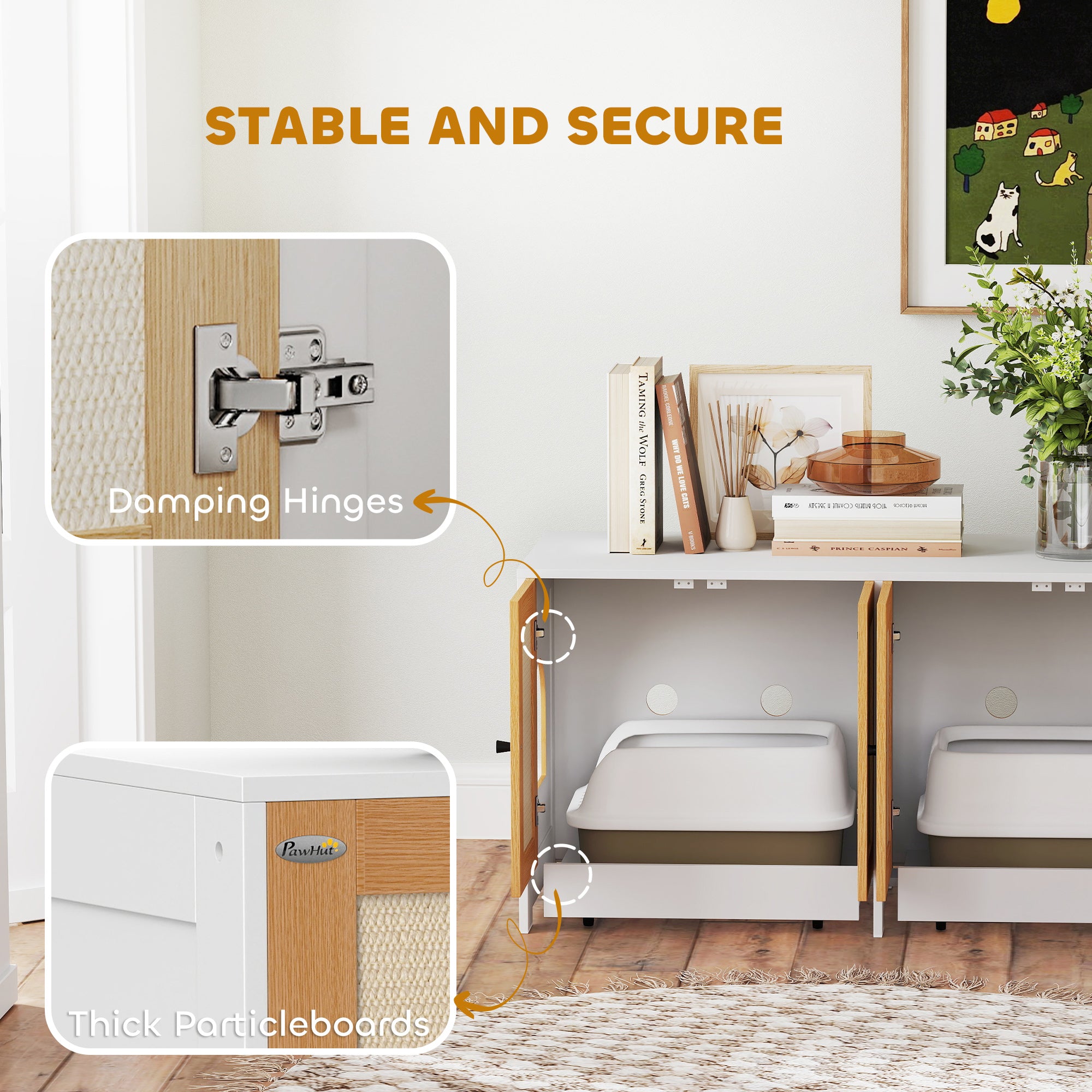 PawHut Cat Litter Box Enclosure, Hidden Litter Box Furniture with Pull-Out Tray, Indoor Cat Washroom with 2 Storage Cabinet,  Scratching Mat, Oak