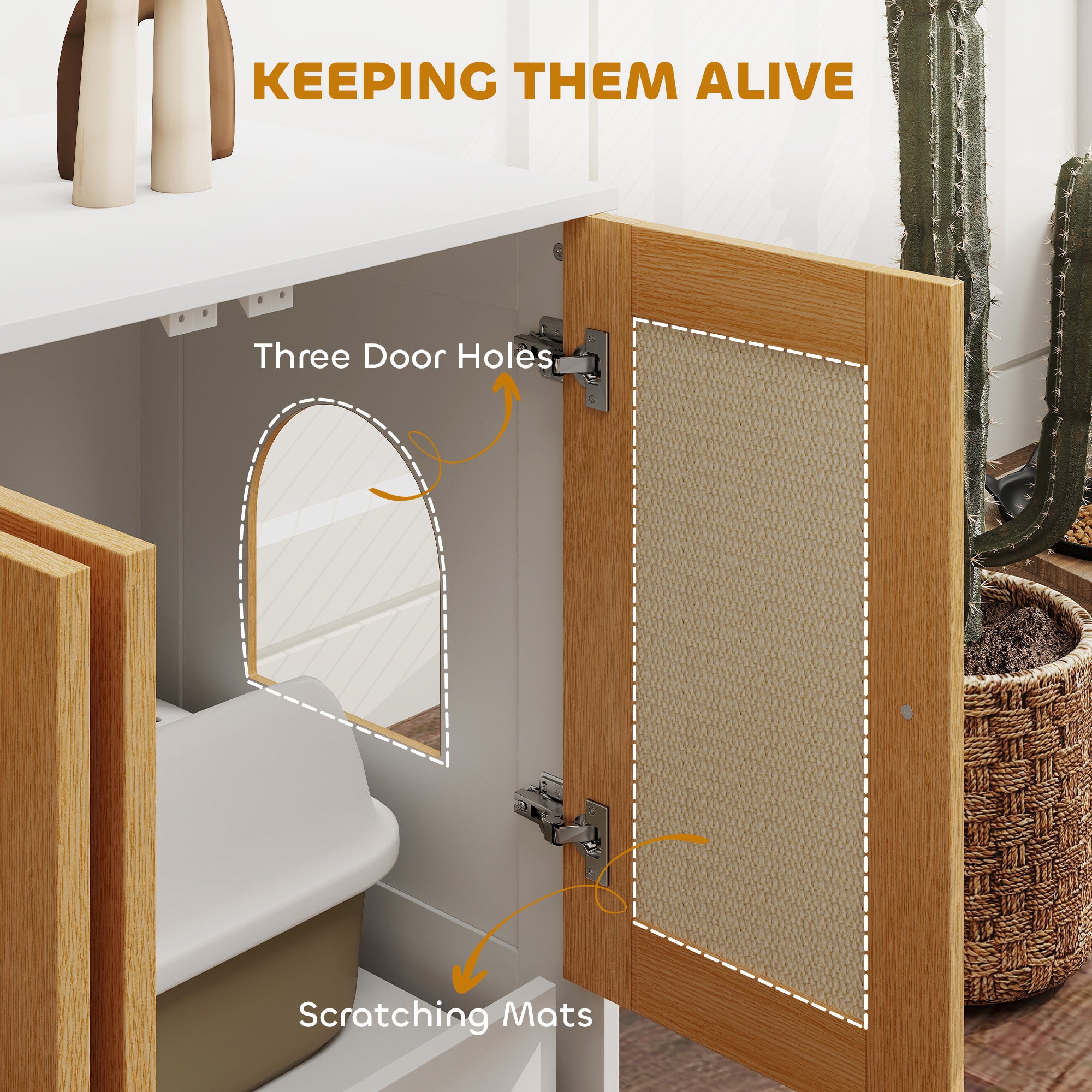 PawHut Cat Litter Box Enclosure, Hidden Litter Box Furniture with Pull-Out Tray, Indoor Cat Washroom with 2 Storage Cabinet,  Scratching Mat, Oak