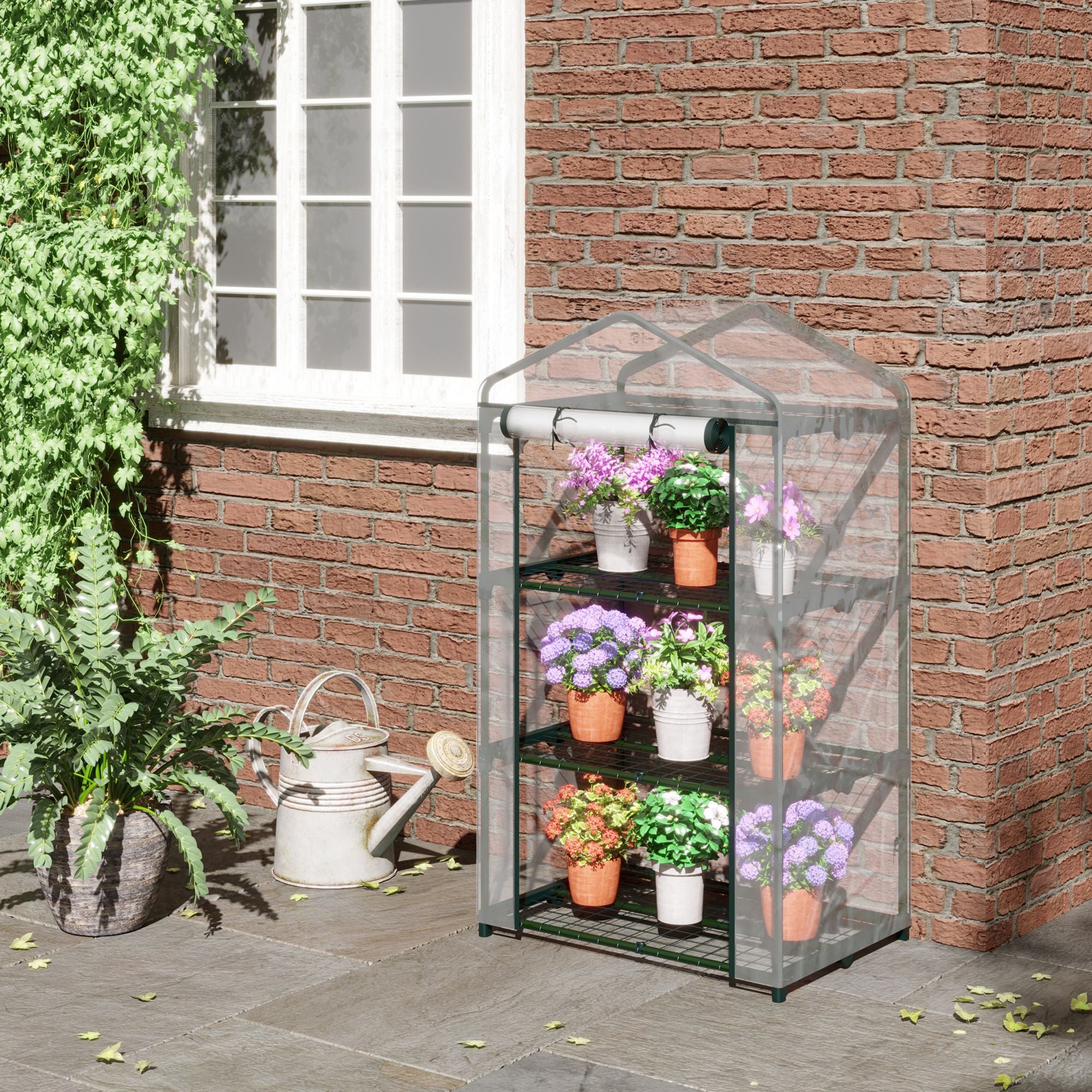 Outsunny 3 Tier Mini Greenhouse, Portable Outdoor Flower Stand with Shelf Clips, Indoor Greenhouse with Plastic Cover and Steel Frame, Transparent, 27" x 19" x 49"