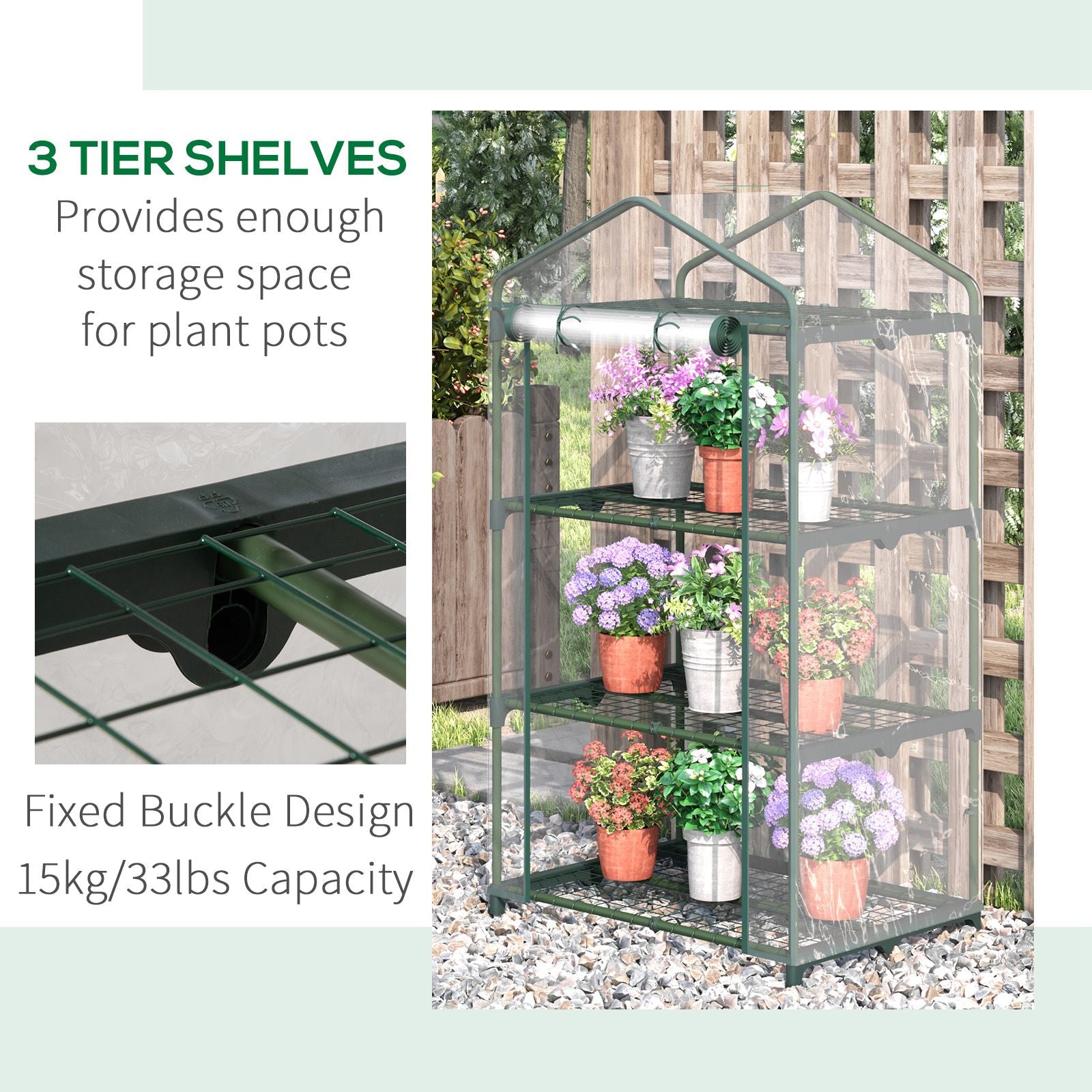 Outsunny 3 Tier Mini Greenhouse, Portable Outdoor Flower Stand with Shelf Clips, Indoor Greenhouse with Plastic Cover and Steel Frame, Transparent, 27" x 19" x 49"