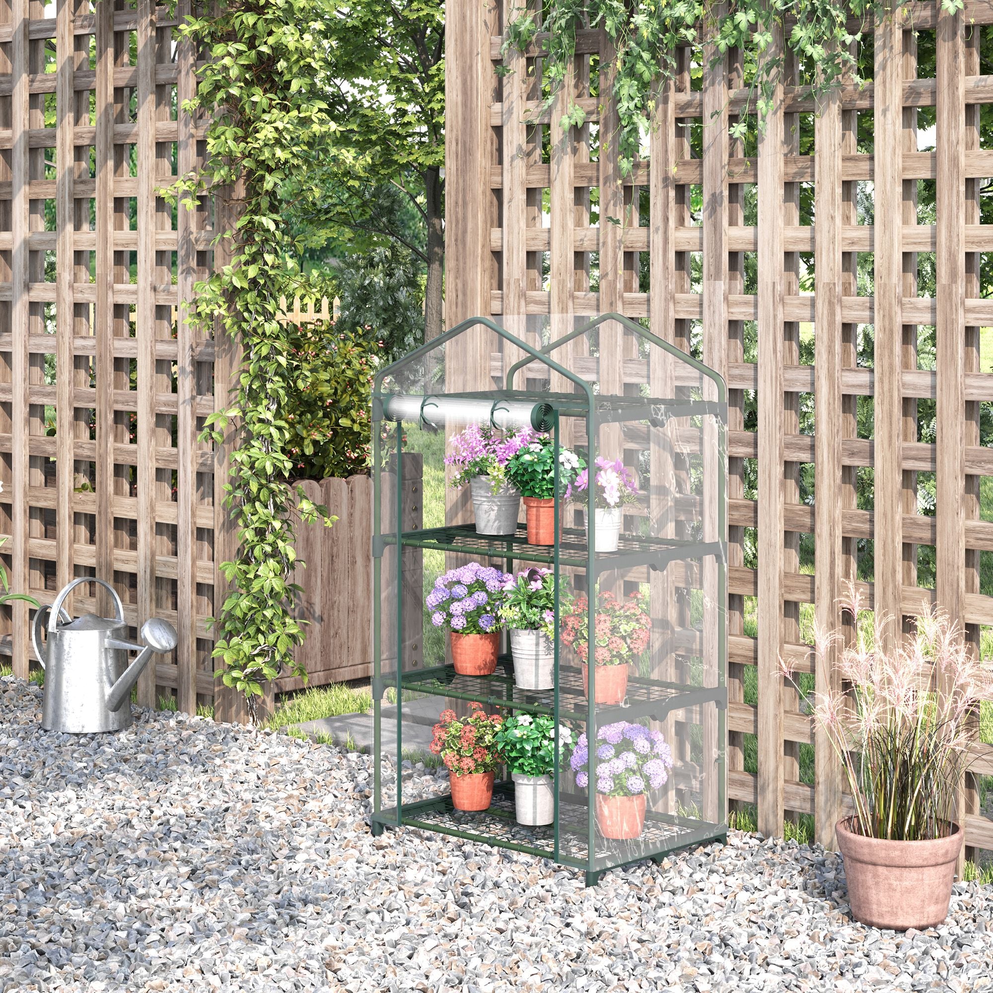 Outsunny 3 Tier Mini Greenhouse, Portable Outdoor Flower Stand with Shelf Clips, Indoor Greenhouse with Plastic Cover and Steel Frame, Transparent, 27
