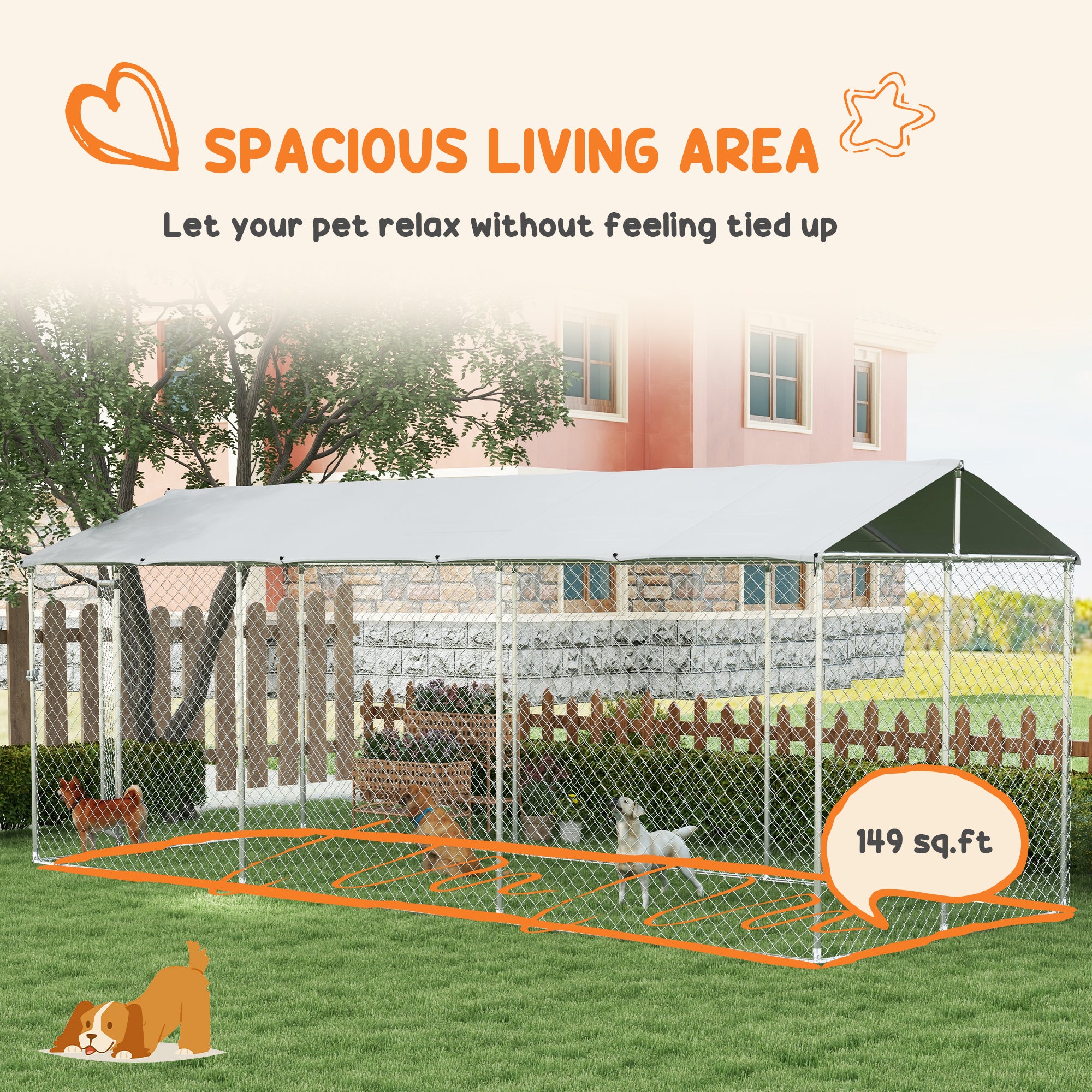PawHut Large Dog Kennel Outside, Heavy Duty Dog Cage with Waterproof Cover, Outdoor Fence Dog Run with Galvanized Chain Link, Secure Lock, 19.7' x 7.5' x 7.5'