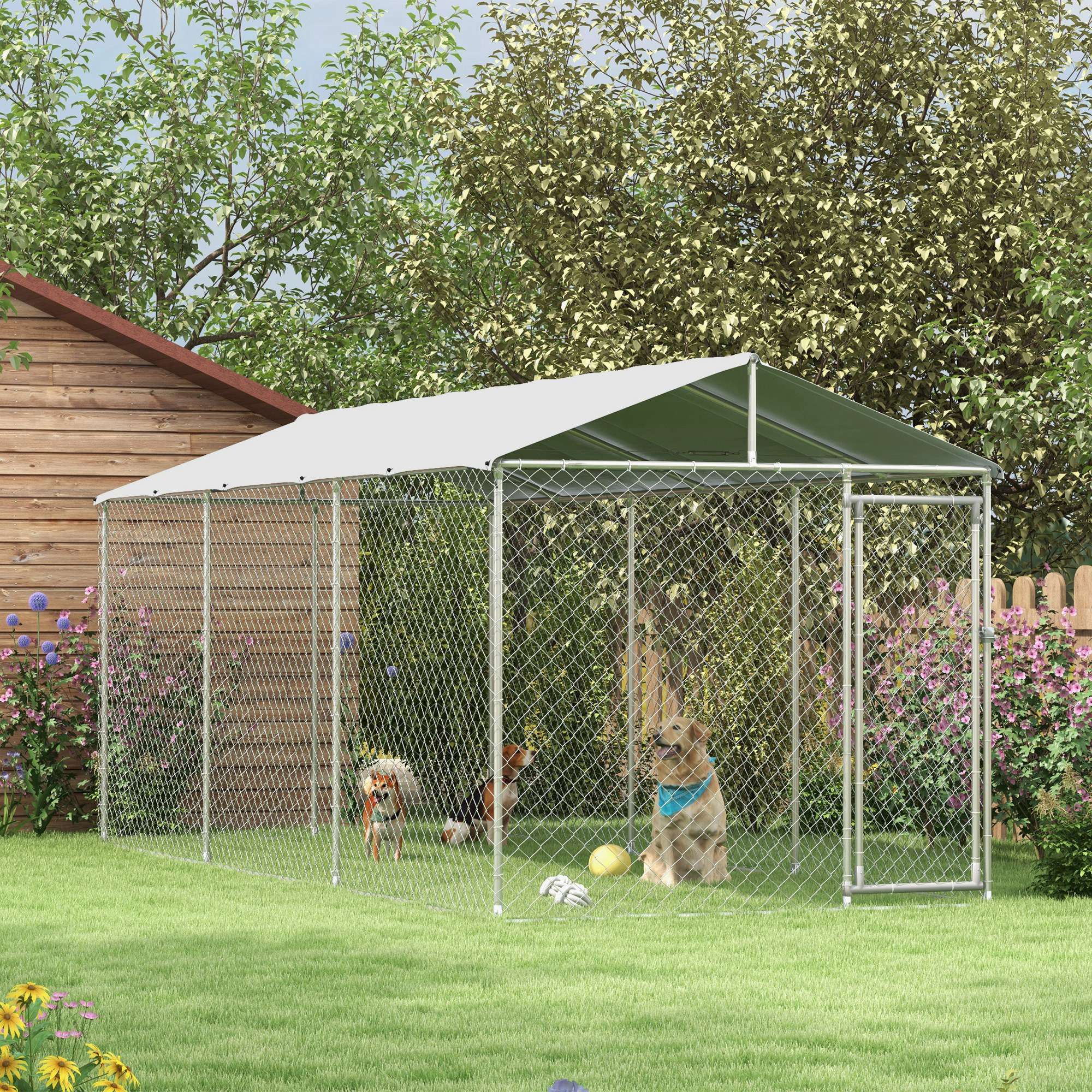 PawHut Large Dog Kennel Outside, Heavy Duty Dog Cage with Waterproof Cover, Outdoor Fence Dog Run with Galvanized Chain Link, Secure Lock, 19.7' x 7.5' x 7.5'