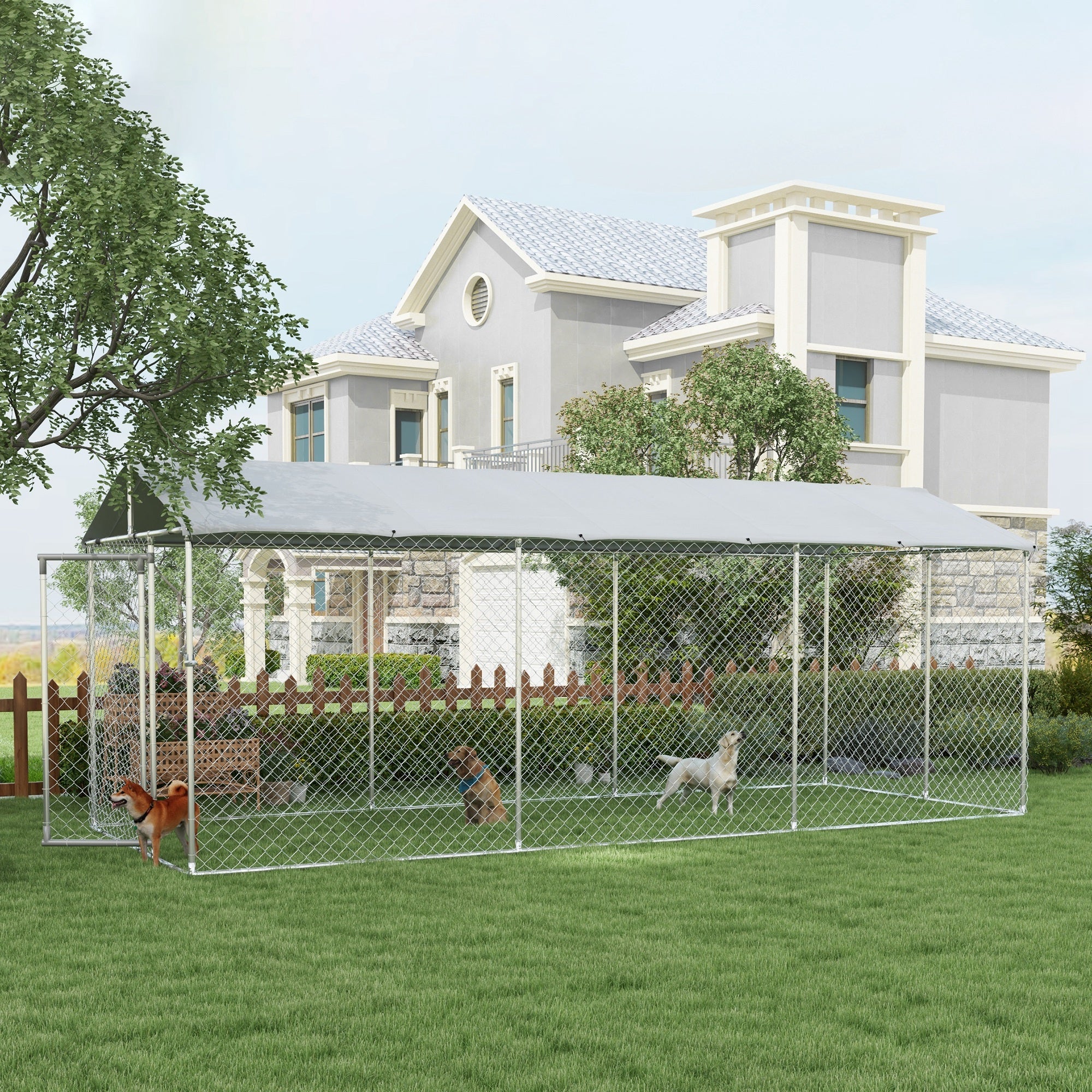 PawHut Large Dog Kennel Outside, Heavy Duty Dog Cage with Waterproof Cover, Outdoor Fence Dog Run with Galvanized Chain Link, Secure Lock, 19.7' x 7.5' x 7.5'