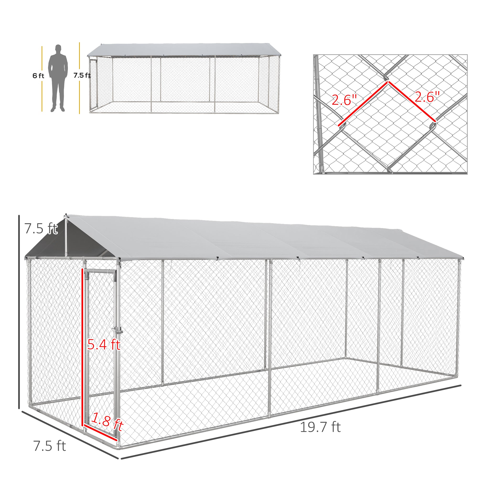 PawHut Large Dog Kennel Outside, Heavy Duty Dog Cage with Waterproof Cover, Outdoor Fence Dog Run with Galvanized Chain Link, Secure Lock, 19.7' x 7.5' x 7.5'
