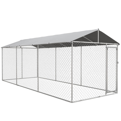 PawHut Large Dog Kennel Outside, Heavy Duty Dog Cage with Waterproof Cover, Outdoor Fence Dog Run with Galvanized Chain Link, Secure Lock, 19.7' x 7.5' x 7.5'