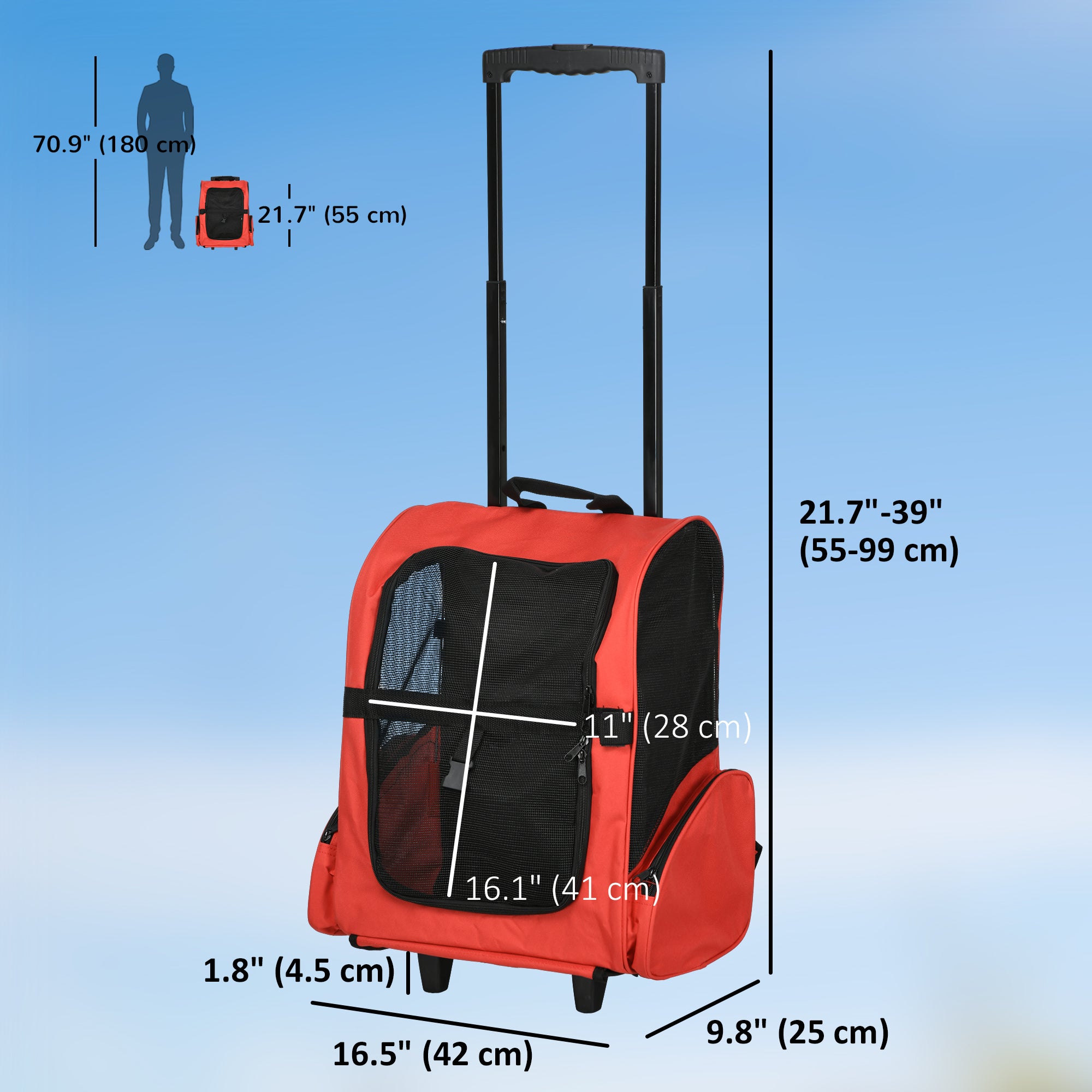 PawHut 2-IN-1 Pet Luggage Box Backpack Carrier Cats Dogs w/ Handle, Rolling Wheel Red